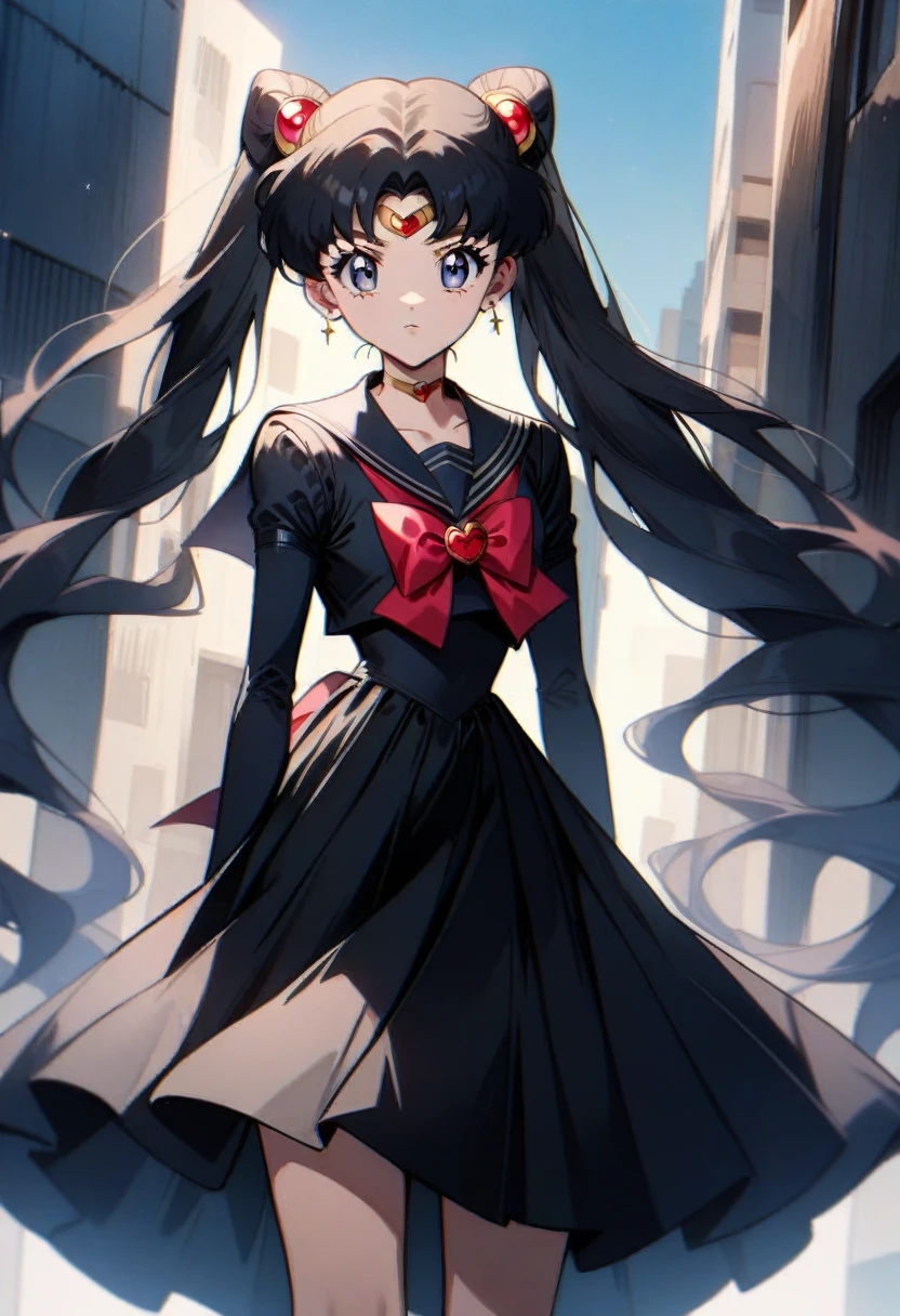 1girl, Tsukino Usagi, Sailor Moon, Black Hair Sailor Moon 🖤, anime girl with long black hair and a black dress standing in front of a building, anime girl wearing a black dress, sailor moon aesthetic, 9 0 s anime aesthetic, retro anime girl, 9 0 s anime style, 90s anime style, 9 0 s anime art style, by Sailor Moon, anime girl with long black hair and a black dress standing in front of a building, an anime drawing by Sailor Moon, tumblr, neoism, masterpiece, best quality, very aesthetic, absurdres, VHSfootage, oldest