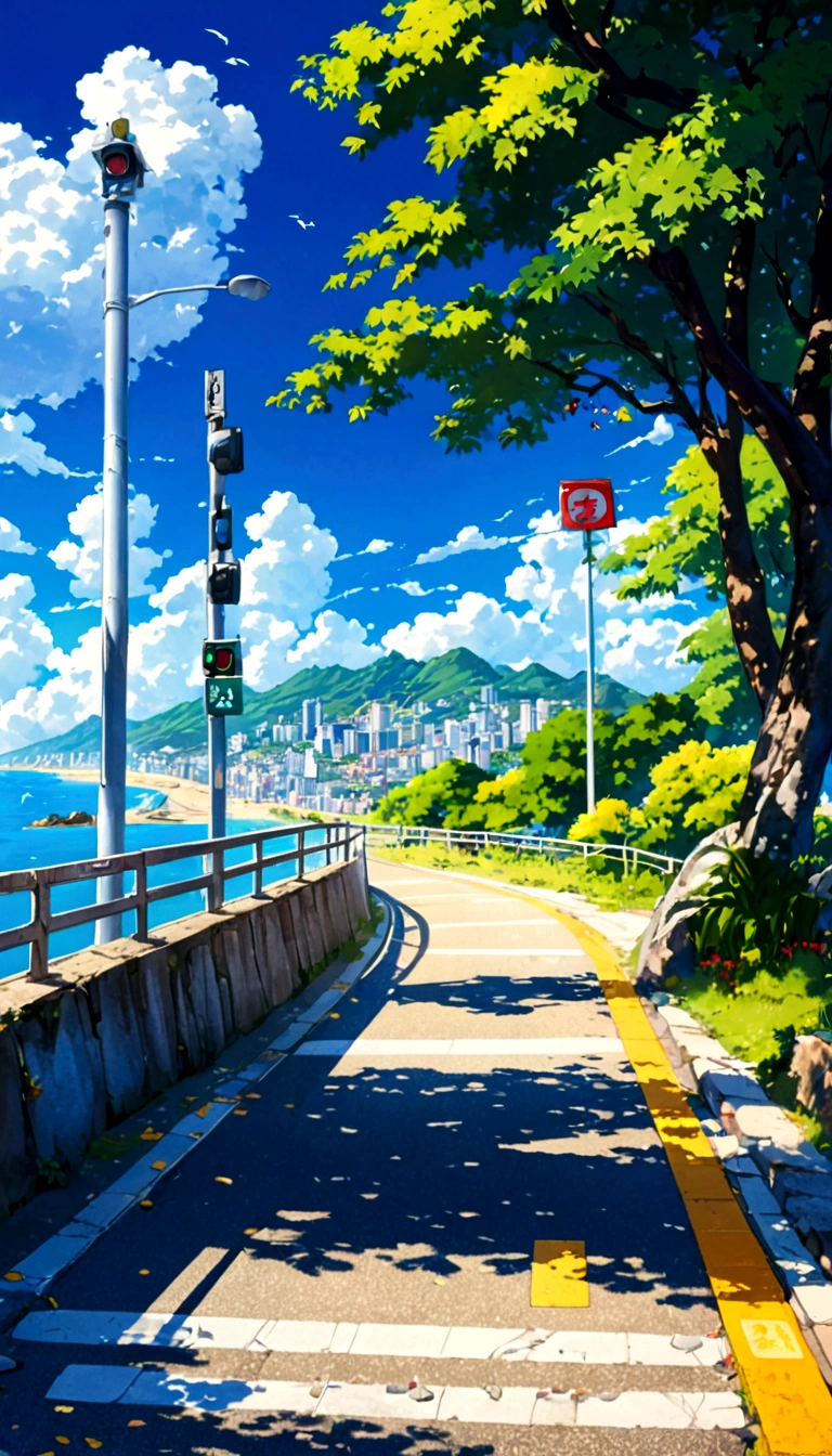 A painting depicting a street next to a body of water, Traffic light on pole, rio de janeiro in an Japanese cartoons film, Japanese cartoons. author：Shinkai Makoto, Japanese cartoons landscape, author：Shinkai Makoto, author：Shinkai Makoto, Japanese cartoons landscape wallpaper, Japanese cartoons scenery, hd Japanese cartoons cityscape, Shinkai Makoto和 (cain kuga), Shinkai Makoto&#39;s style, HD, uhd, HDR, 32 thousand