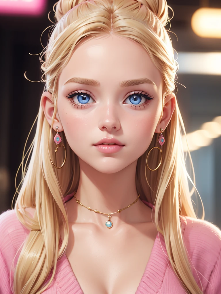 The camera captures a young woman with fair skin and golden blonde long hair fouble bun and piercing blue eyes, her upturned nose giving her a unique and alluring look. Jewelry, Her full lips are adorned with a pop of pink lipstick, matching the pink eyeshadow that makes her eyes sparkle