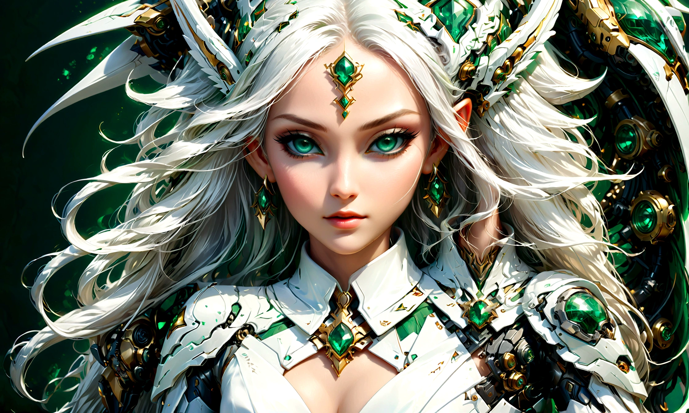 Arafed, a portrait of an elf woman, exotic beauty, long hair, dynamic color, (emerald green eyes), glamour shot, she wears an (white: 1.3) elegant suit, she has some mecha parts, 16k, ultra detailed, masterpiece, best quality, (extremely detailed), arafed, dnd art, phoenix dress