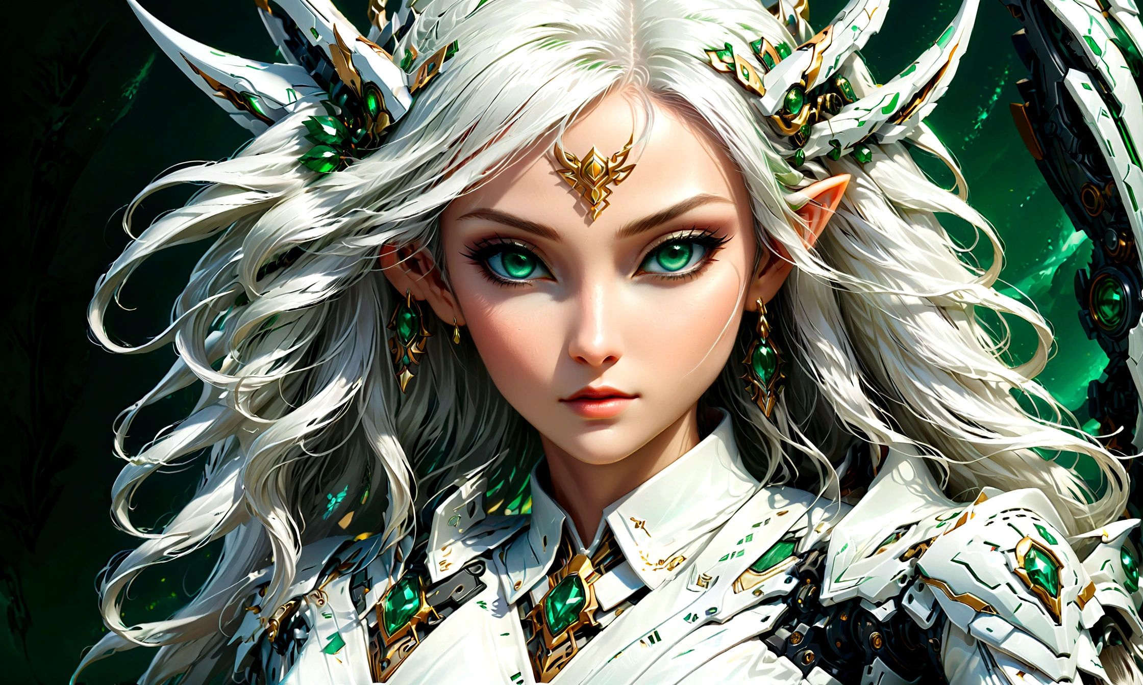 Arafed, a portrait of an elf woman, exotic beauty, long hair, dynamic color, (emerald green eyes), glamour shot, she wears an (white: 1.3) elegant suit, she has some mecha parts, 16k, ultra detailed, masterpiece, best quality, (extremely detailed), arafed, dnd art, phoenix dress