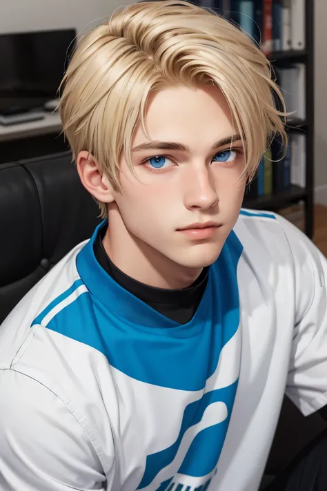 Create a 16 year old blonde British male with blue gray eyes completely banged by the&#39;grass sitting next to&#39;a campfire p...