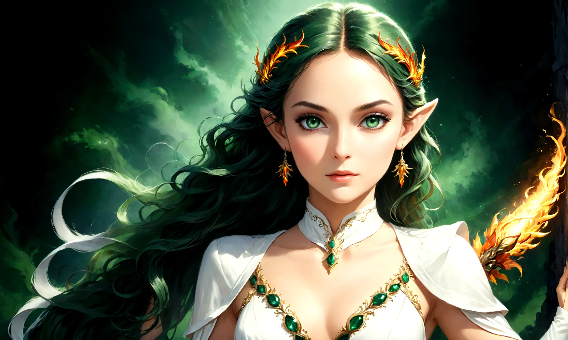 Arafed, a portrait of an elf woman, exotic beauty, long hair, dynamic color, (emerald green eyes), glamour shot, she wears an (w...