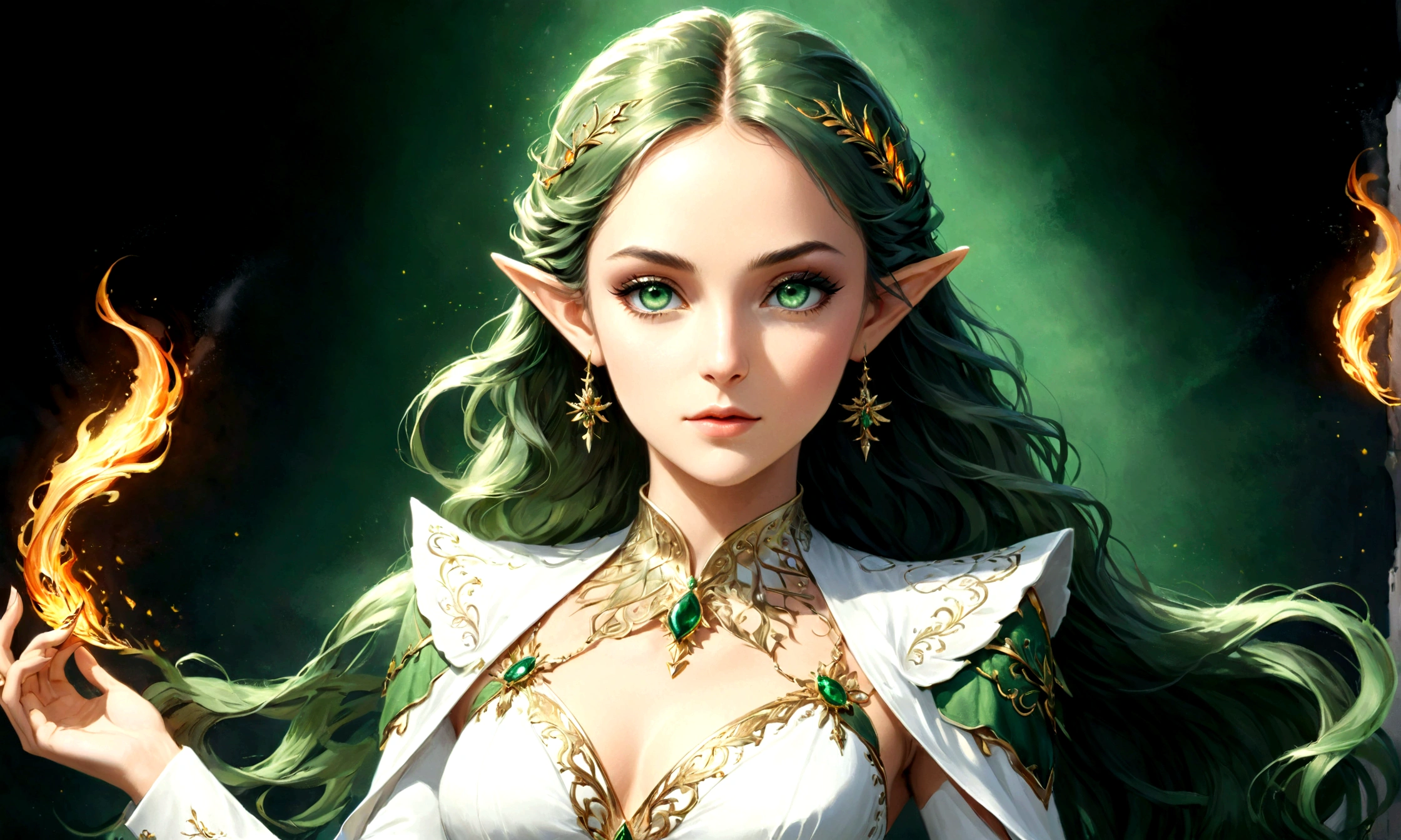 Arafed, a portrait of an elf woman, exotic beauty, long hair, dynamic color, (emerald green eyes), glamour shot, she wears an (white: 1.3) elegant suit, 16k, ultra detailed, masterpiece, best quality, (extremely detailed), arafed, dnd art, phoenix dress