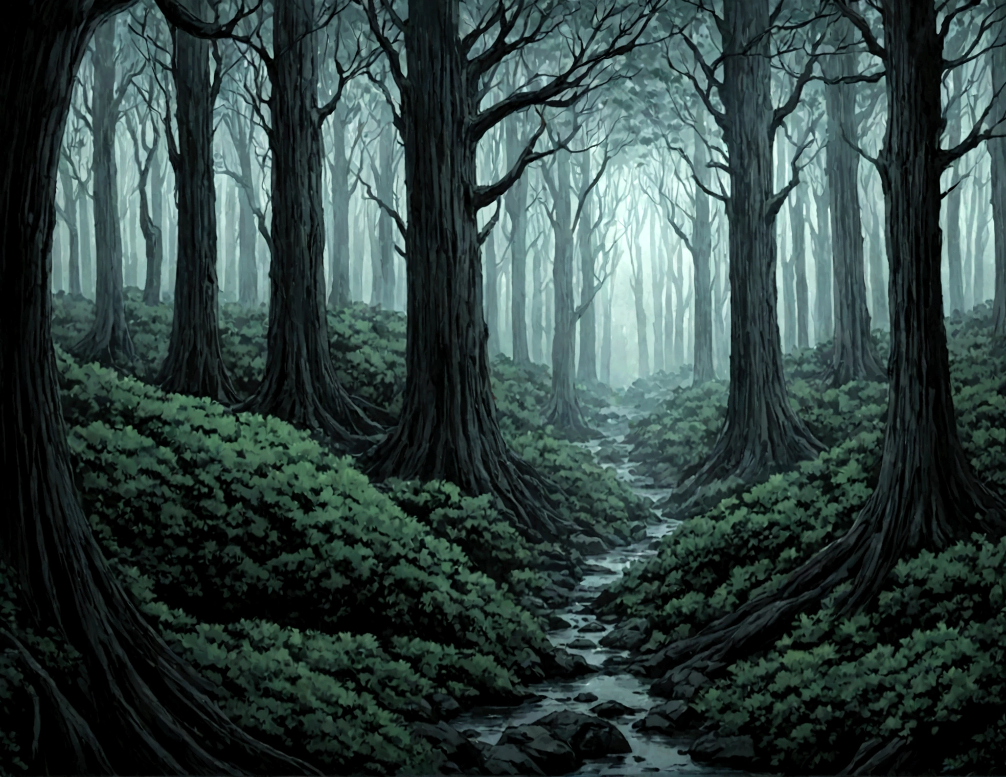 Scène de forêt sombre dans le style de l'anime japonais