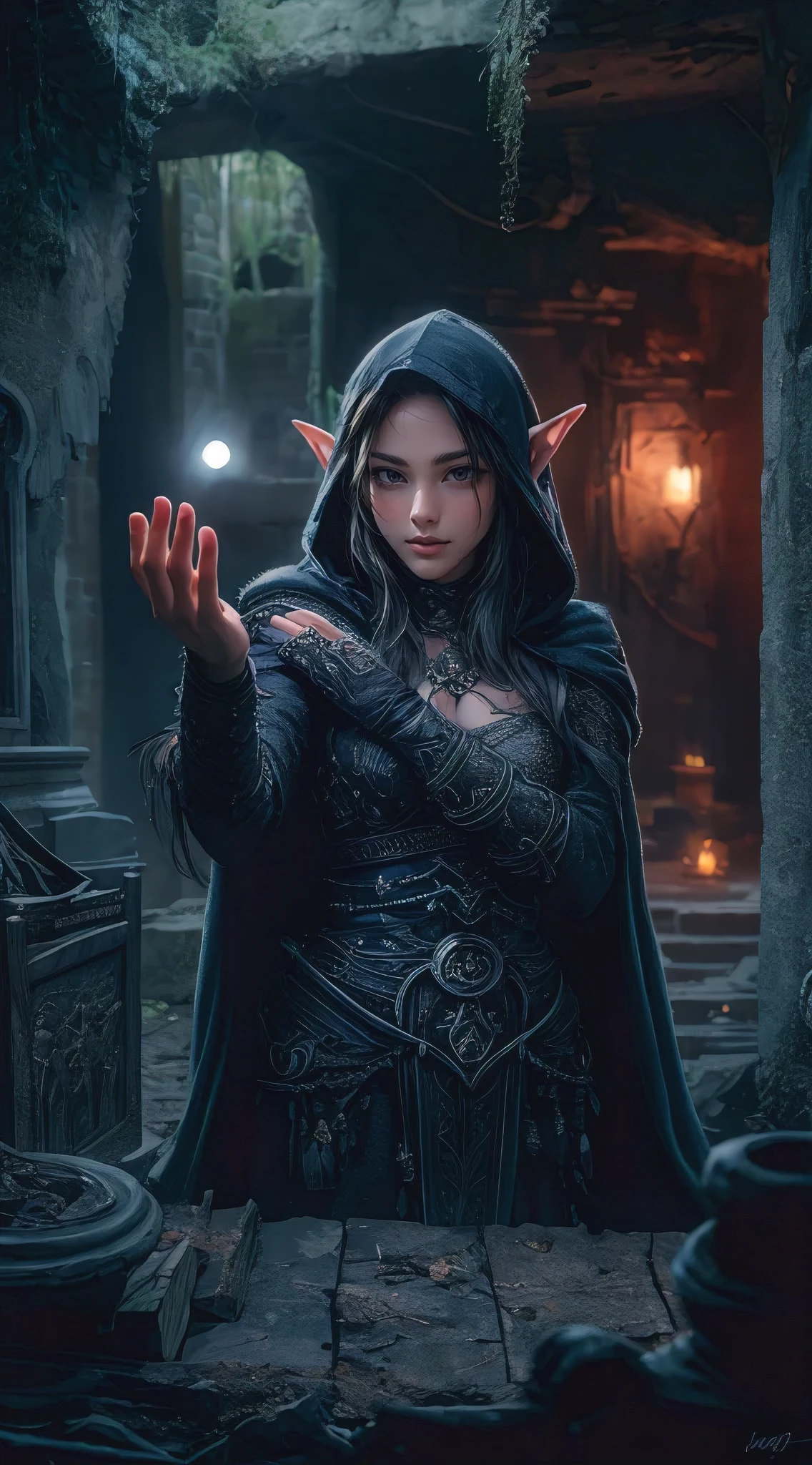 A mesmerizing photorealistic painting of a drow elf sorcerer exuding an aura of adventure and fantasy. Clad in dark, intricately detailed armor and a hood, she is casting a light spell in the dimly lit, ancient hall of a crumbling ruin. The tiny ball of light hovers above her palm, revealing her skillful control. The background is filled with ancient relics, moss-covered walls, and a dimly lit archway, creating an eerie yet captivating atmosphere. The elf's intense gaze and the floating light evoke a sense of exploration and mystery., illustration