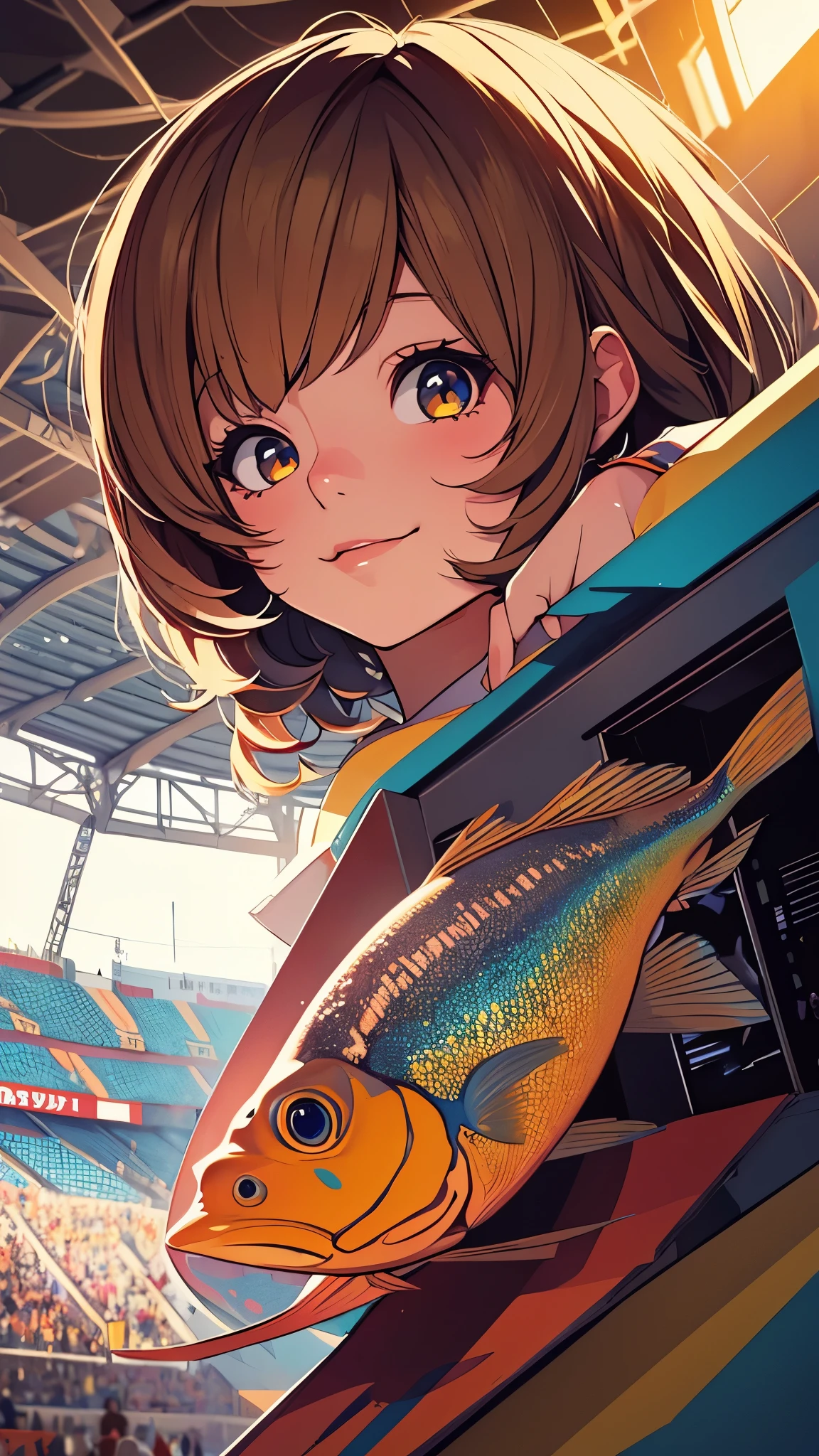 (masterpiece:1.4), (Best quality:1.4), extremely detailed, difficult, hyper detailed, (perfect face), illustration,soft lighting, picturesque, 1 Girl, happy,  Bright brown hair, Colorful, painted, from_below, fish_Suit , stadium 