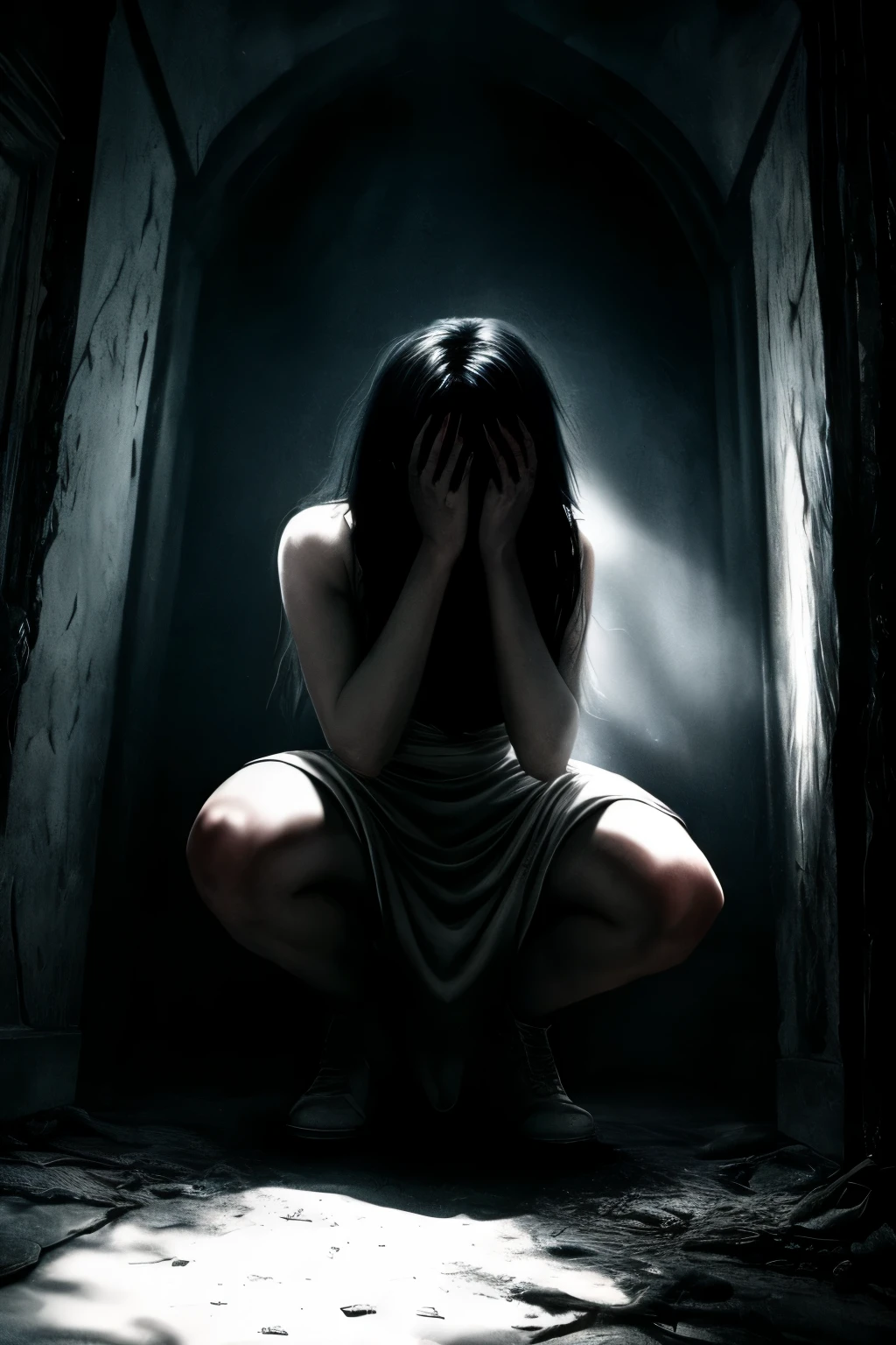 girl with holes in place of eyes, dark gloomy room, detailed, blue bubble, full HD, black hair covering face, white dress, crouching, horror style, extremely detailed, chiaroscuro lighting, dramatic shadows, photorealistic, cinematic composition, moody atmosphere