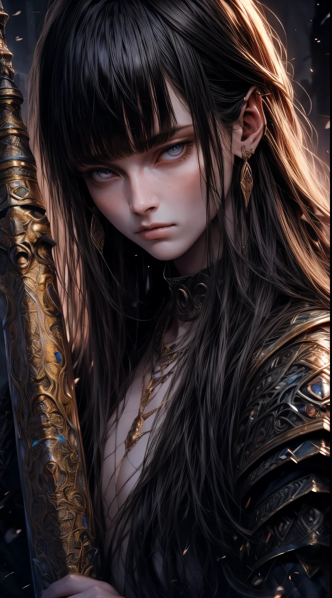 1 boy with delicate features wearing an Elden ring style RPG armor, glowing golden energy, ((long dark hair)), ((indian bangs)), (best quality,4k,8k,highres,masterpiece:1.2),ultra-detailed,(realistic,photorealistic,photo-realistic:1.37),fantasy,character art,concept art,dramatic lighting,volumetric lighting,intricate details,cinematic composition,vibrant colors,mystical,ethereal