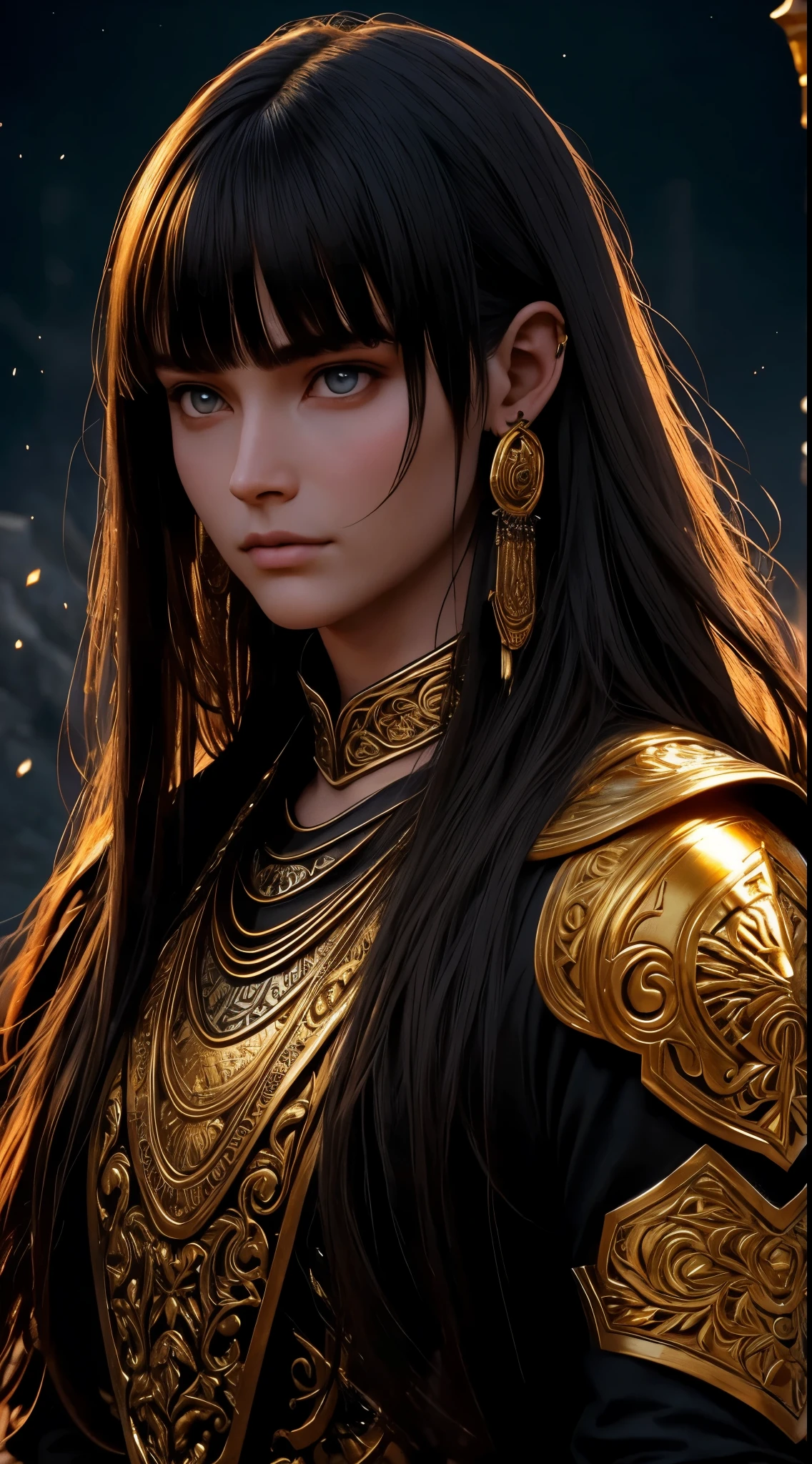 1 boy with delicate features wearing an Elden ring style RPG armor, glowing golden energy, ((long dark hair)), ((indian bangs)), (best quality,4k,8k,highres,masterpiece:1.2),ultra-detailed,(realistic,photorealistic,photo-realistic:1.37),fantasy,character art,concept art,dramatic lighting,volumetric lighting,intricate details,cinematic composition,vibrant colors,mystical,ethereal