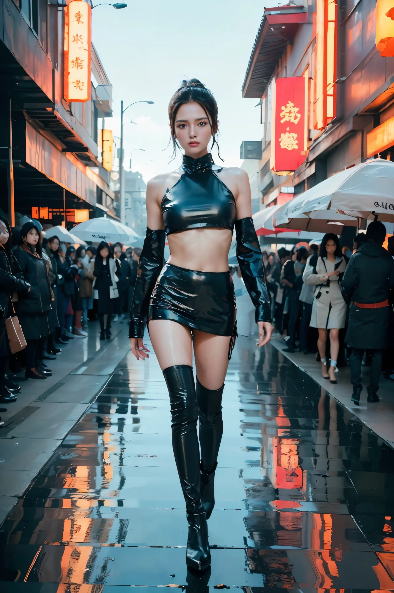 A fashion runway for alien technology , vogue photography , Inspired by Chinese Xianxia and cyberpunk。(Best quality,4K,8K,A high resolution,Masterpiece:1.2), (Realistic,Photorealistic,photo-realistic:1.37).