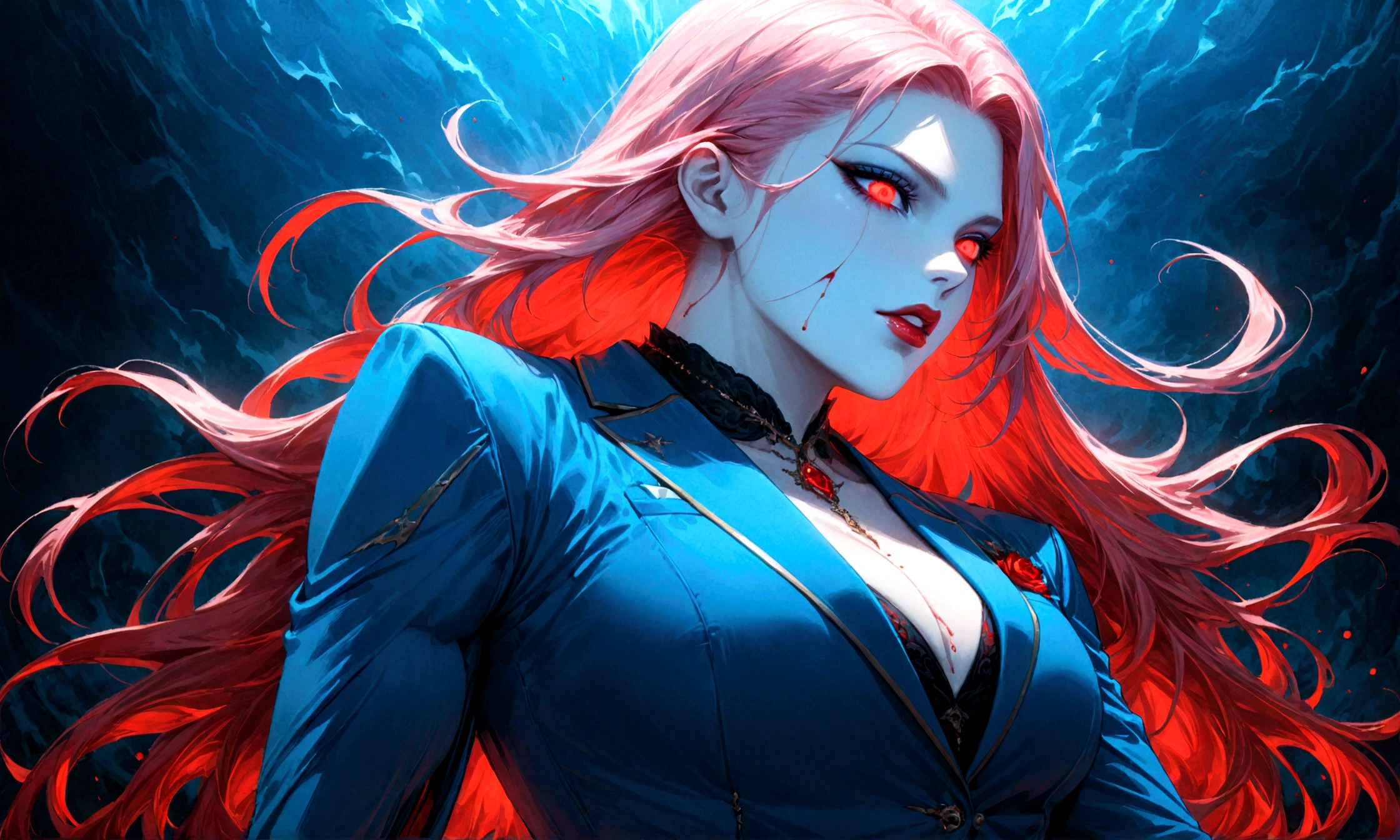 Arafed, dark fantasy art, glamour shot, award winning, a portrait of a single female vampire, pink hair, long hair, red lips, glowing eyes, dynamic color, she wears, an elegant (blue suit: 1.5), blood dripping from lips, 6k, ultra detailed, masterpiece, best quality, (extremely detailed),