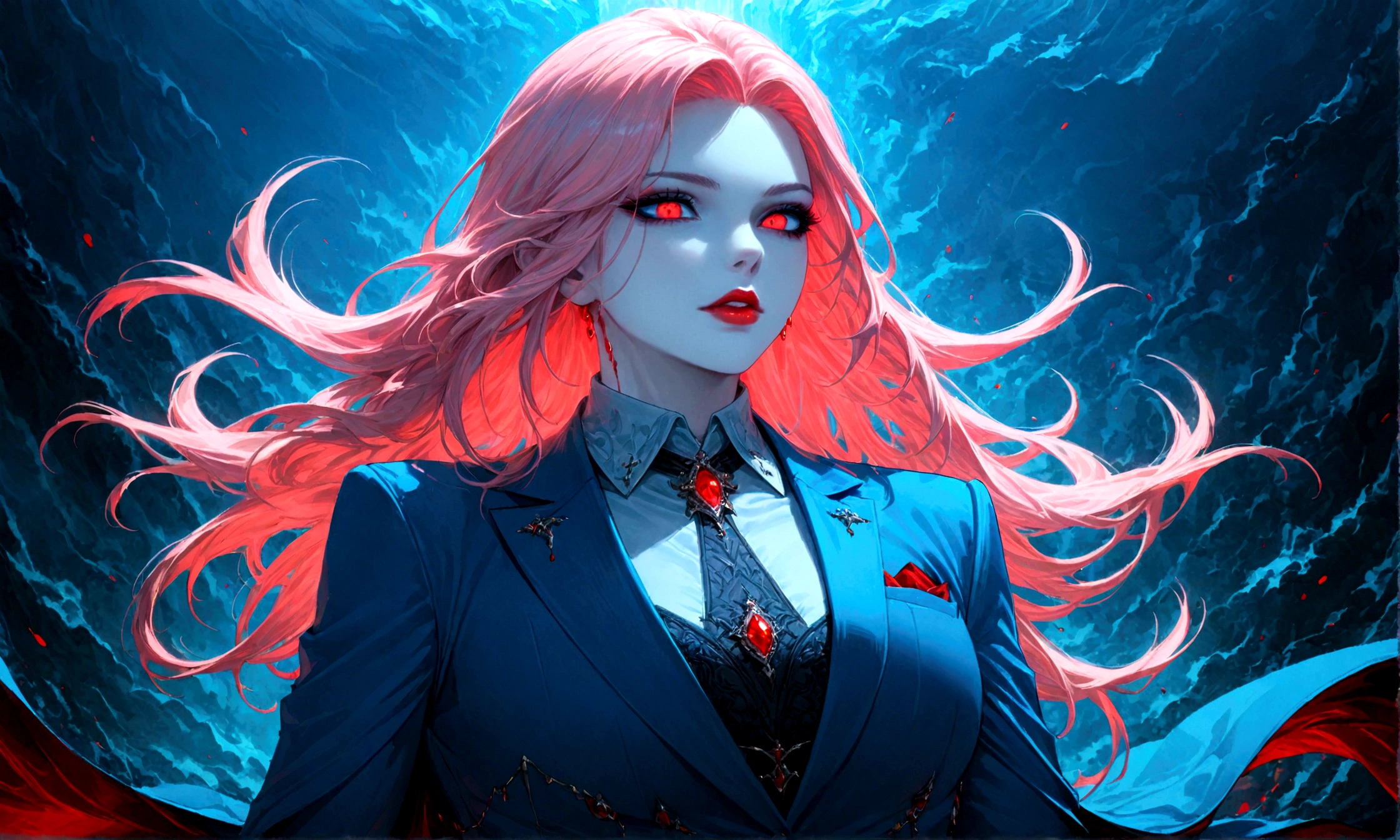 Arafed, dark fantasy art, glamour shot, award winning, a portrait of a single female vampire, pink hair, long hair, red lips, glowing eyes, dynamic color, she wears, an elegant (blue suit: 1.5), blood dripping from lips, 6k, ultra detailed, masterpiece, best quality, (extremely detailed),