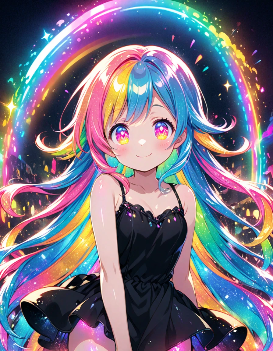 A girl with long rainbow hair, glowing rainbow eyes and an adorable smile wearing black dress, detailed anime style, fantasy illustration art, shiny glossy colorful lighting, glittery skin, glowing neon color palette, cute face --ar 3:4 --niji 6