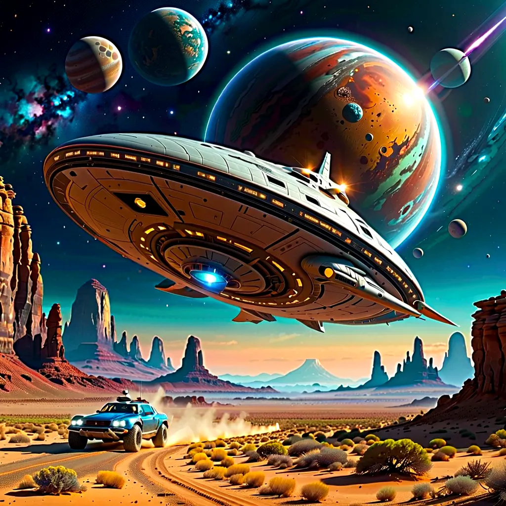 there is a picture of a space scene with a spaceship, alien space ships, science fiction digital art, surreal space, surreal ali...