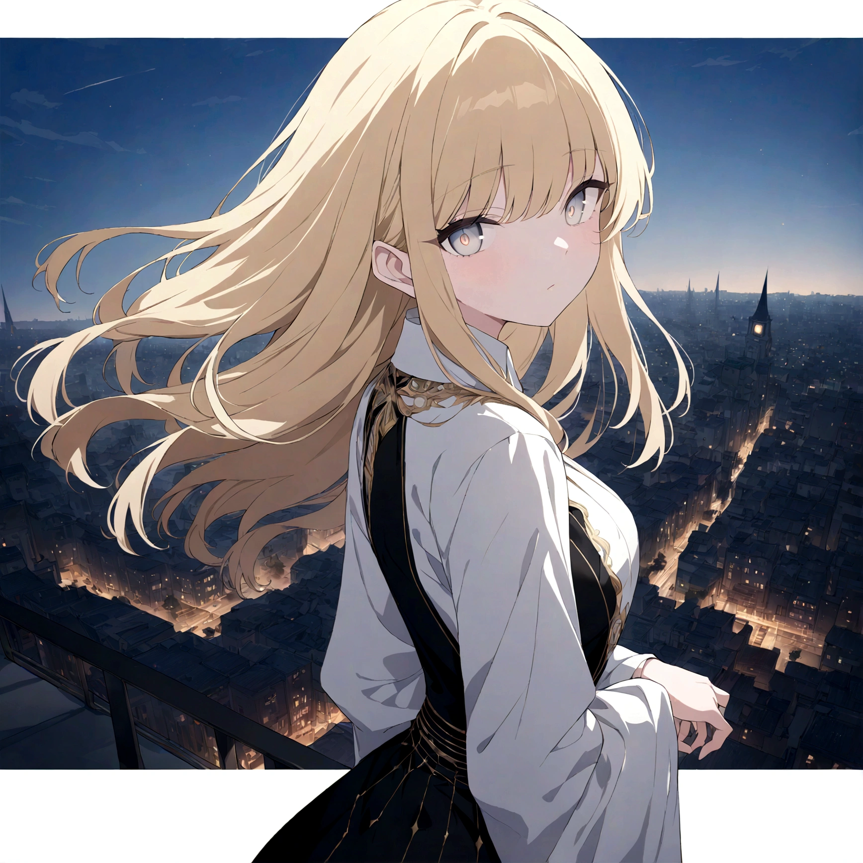 (masterpiece, 32k, 8k, maximum graphics, detailed image, vivid and detailed eyes) sorceress, 19 years old, beautiful face, scenery floating over a city, blonde hair illuminated by the sky, gray and shiny eyes, wearing a hand seal satoru gojo