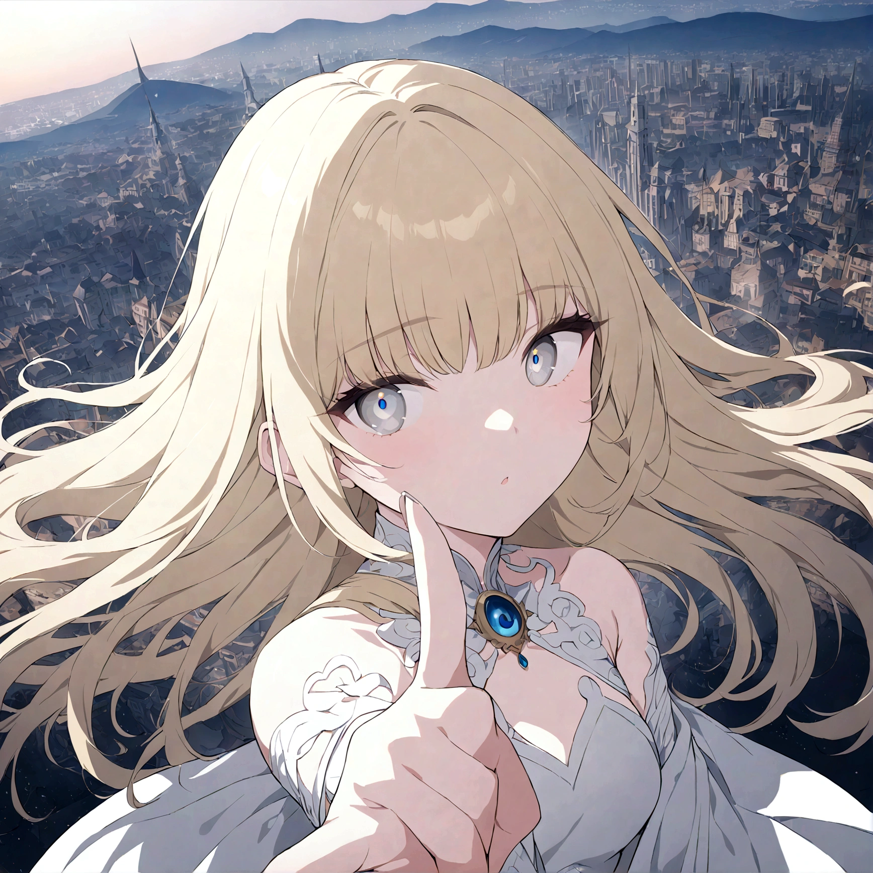 (masterpiece, 32k, 8k, maximum graphics, detailed image, vivid and detailed eyes) sorceress, 19 years old, beautiful face, scenery floating over a city, blonde hair illuminated by the sky, gray and shiny eyes, wearing a hand seal satoru gojo