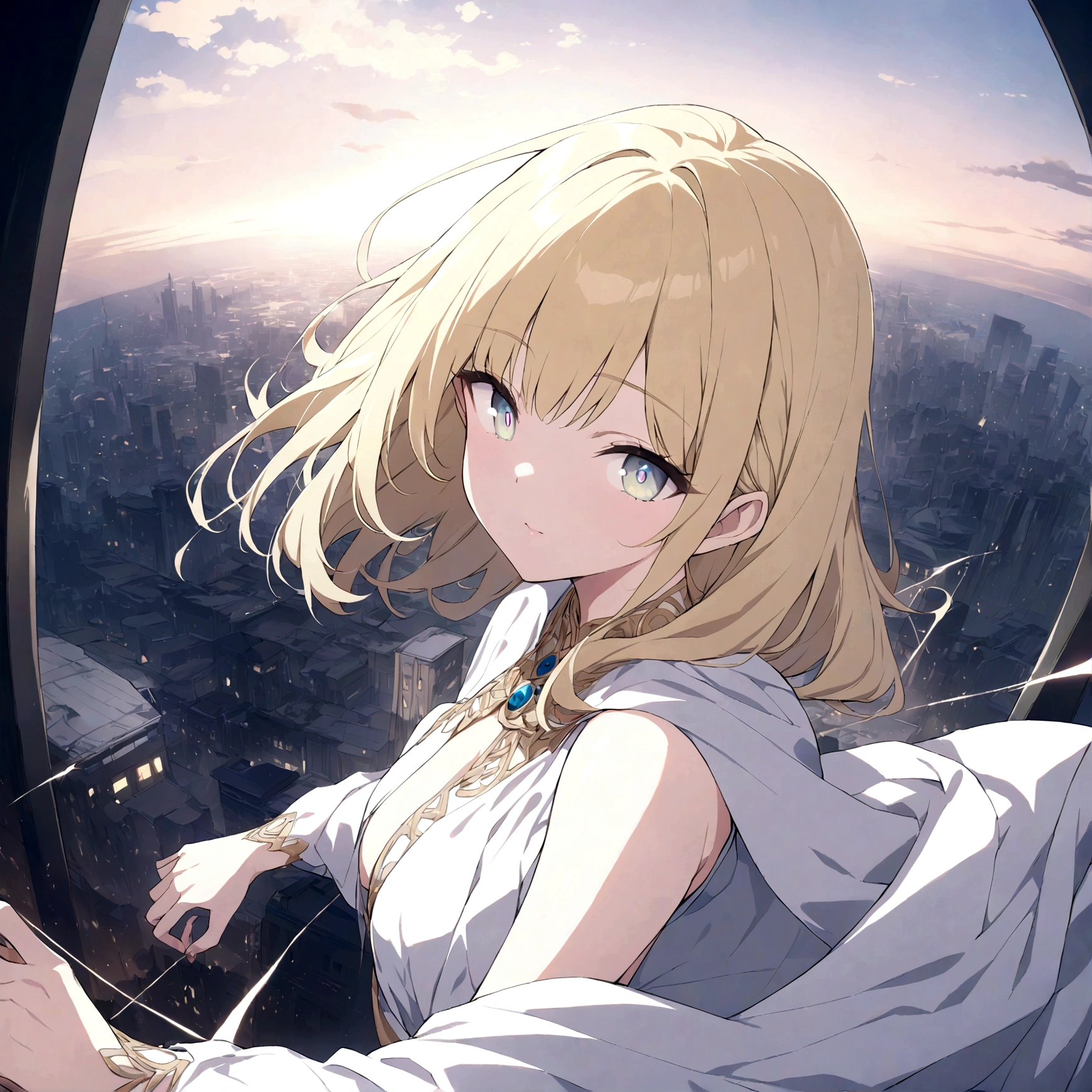 (masterpiece, 32k, 8k, maximum graphics, detailed image, vivid and detailed eyes) sorceress, 19 years old, beautiful face, scenery floating over a city, blonde hair illuminated by the sky, gray and shiny eyes, wearing a hand seal satoru gojo