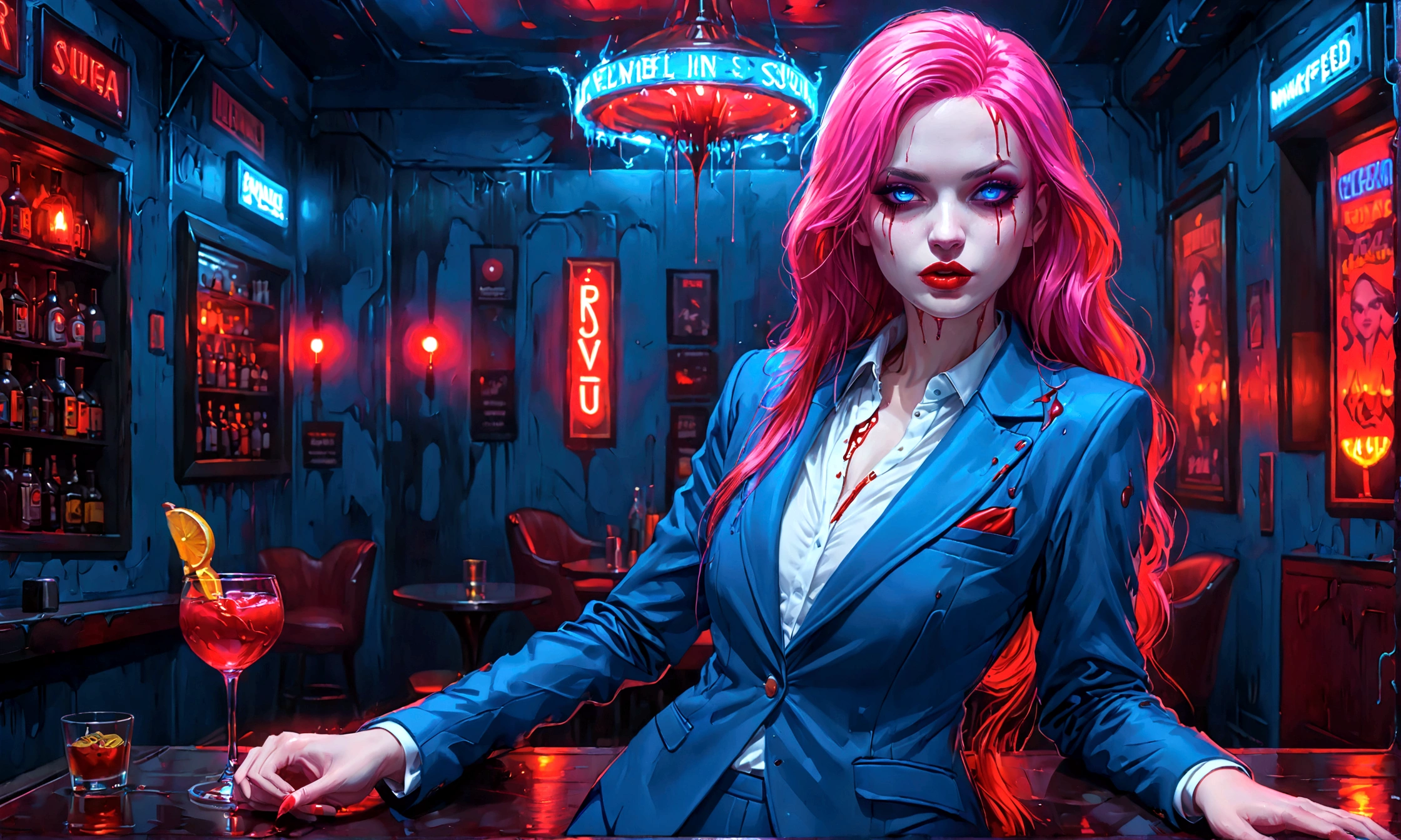 Arafed, dark fantasy art, glamour shot, award winning shot, photorealistic, a portrait of a female vampire, pink hair, long hair, red lips, glowing eyes, dynamic color, she wears, an elegant (blue suit: 1.5), blood dripping ((from lips)), cyberpunk bar background, 16k, ultra detailed, masterpiece, best quality, (extremely detailed), Dark Art Painting Style