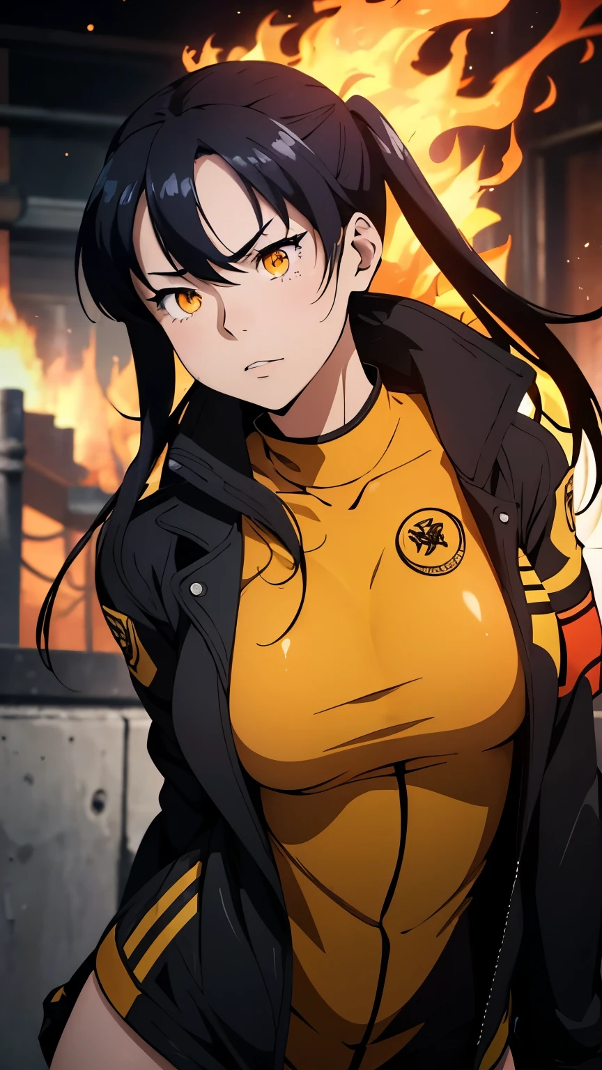 Tamaki Kotatsu from Fire Force, a beautiful girl (model-like appearance) aged 17-19. She has a slender figure with long legs and a graceful cat-like demeanor. She is dressed in a micro bikini and a black leather jacket. The artwork should capture her in a sensual pose. 

(best quality, 4k, 8k, highres, masterpiece:1.2), ultra-detailed, (realistic, photorealistic, photo-realistic:1.37), HDR, vivid colors, professional, bokeh, studio lighting

Medium: Illustration

Additional details: The backdrop depicts a fiery scene with smoke and flames adding intensity to the environment. The overall composition should exude a sense of power and confidence, highlighting Tamaki's beauty and strength. The artwork should emphasize the intricate details of her eyes and lips, showcasing their mesmerizing beauty. The lighting should accentuate her figure, casting soft shadows that enhance her curves and add depth to the overall image. The color palette should reflect the vibrant and fiery nature of the Fire Force series, incorporating shades of red, orange, and yellow. The art style should capture the essence of anime, combining bold linework with dynamic and energetic poses.