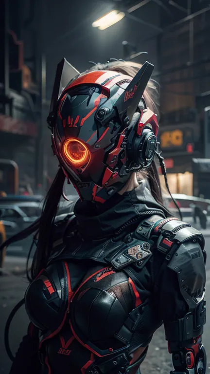 obra maestra, mejor calidad, a closeup of a futuristic looking cyborg girl with a fantastic cyber helmet head with red triangula...