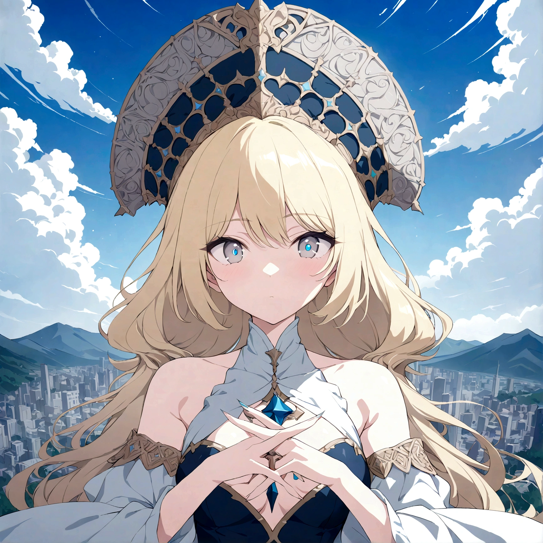 (masterpiece, 32k, 8k, maximum graphics, detailed image, vivid and detailed eyes) sorceress, 19 years old, beautiful face, scenery floating over a city, blonde hair illuminated by the sky, gray and shiny eyes, crossing her fingers