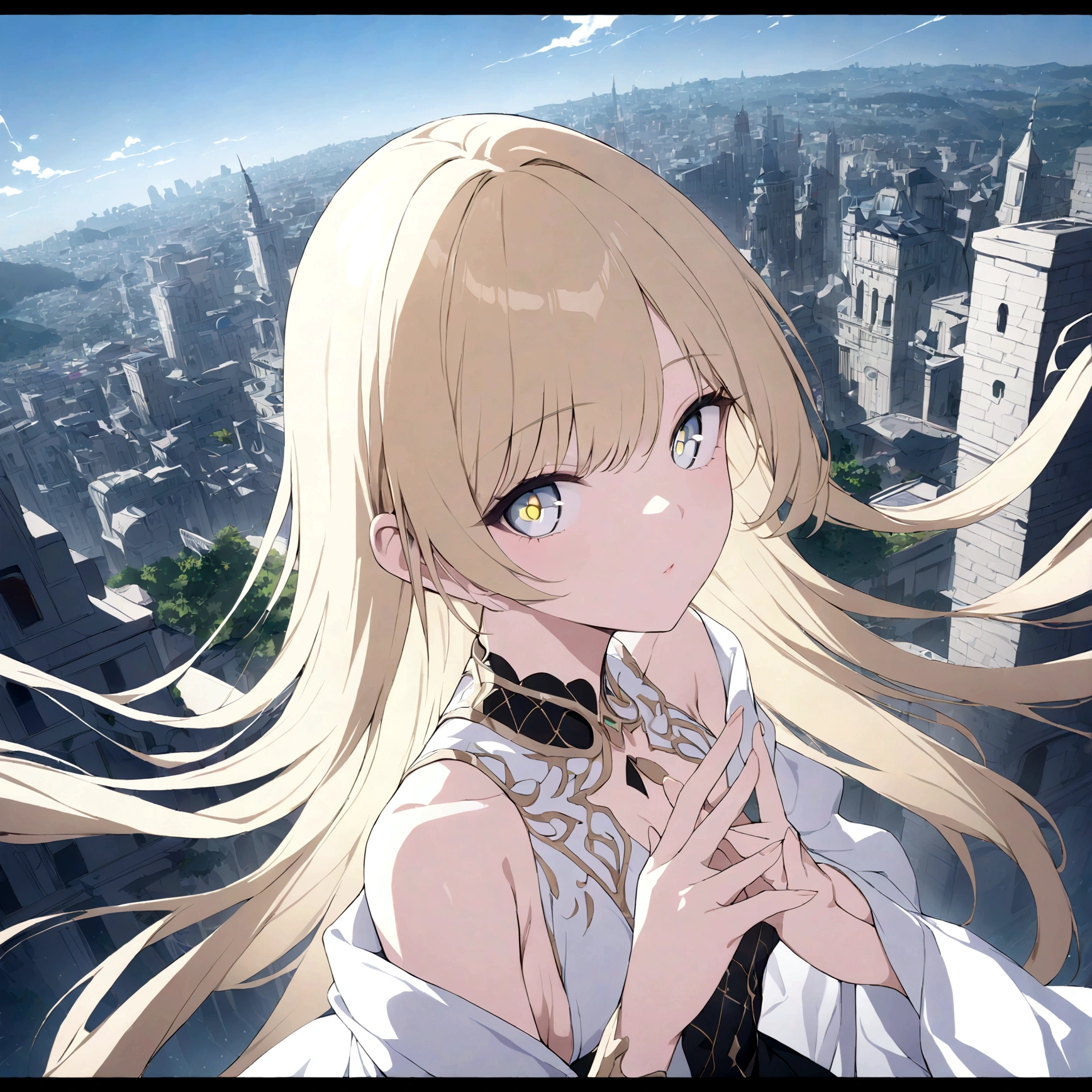 (masterpiece, 32k, 8k, maximum graphics, detailed image, vivid and detailed eyes) sorceress, 19 years old, beautiful face, scenery floating over a city, blonde hair illuminated by the sky, gray and shiny eyes, crossing her fingers