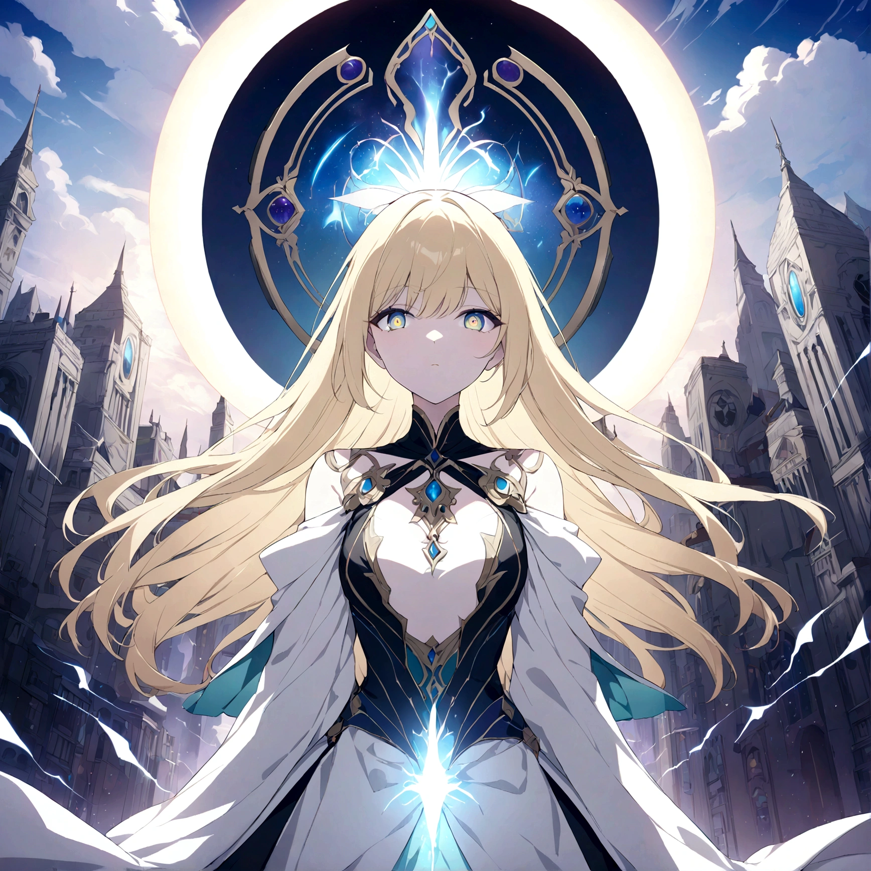 (masterpiece, 32k, 8k, maximum graphics, detailed image, vivid and detailed eyes) sorceress, 19 years old, beautiful face, scenery floating over a city, blonde hair illuminated by the sky, gray and shining eyes, (powerful aura manifesting over the universe)