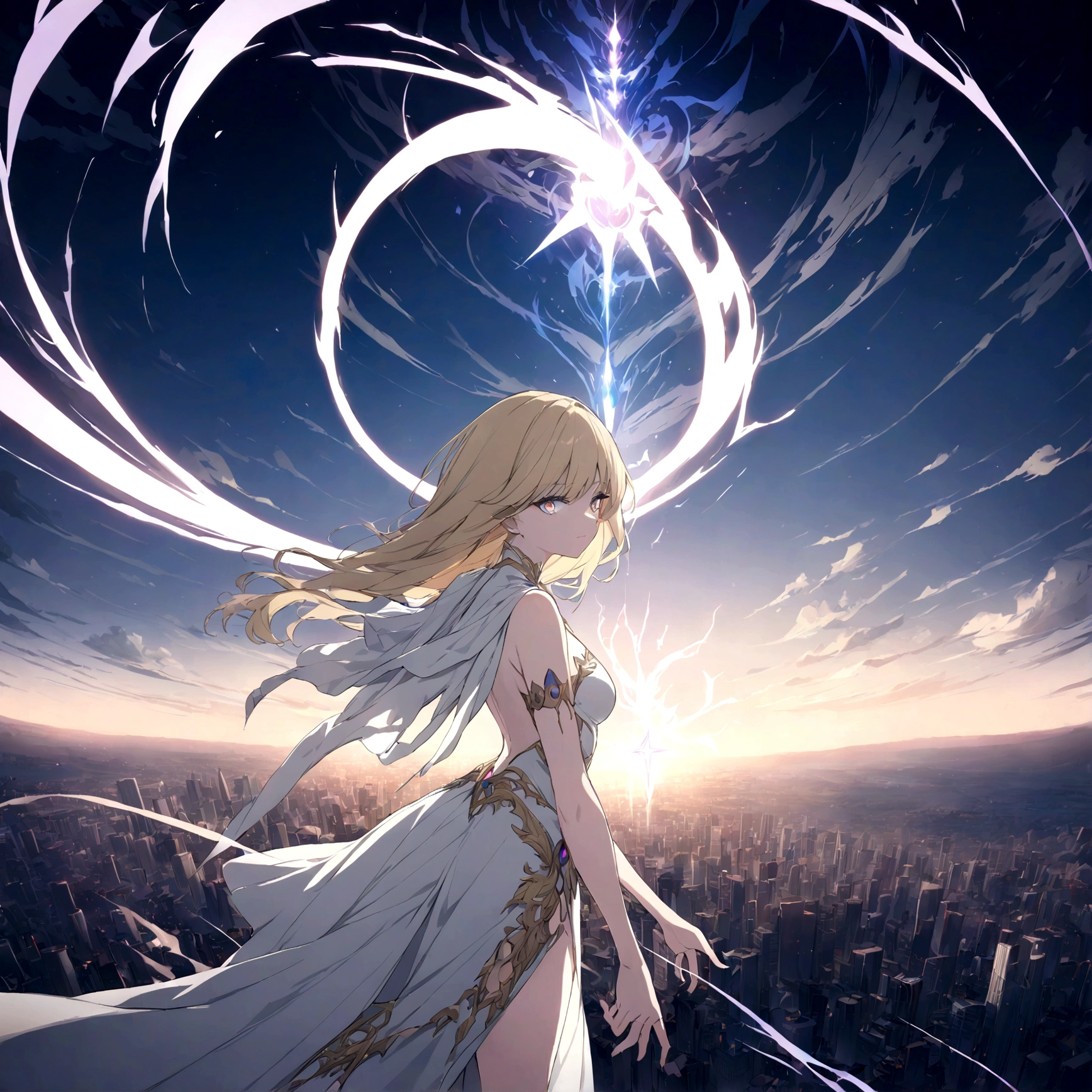 (masterpiece, 32k, 8k, maximum graphics, detailed image, vivid and detailed eyes) sorceress, 19 years old, beautiful face, scenery floating over a city, blonde hair illuminated by the sky, gray and shining eyes, (powerful aura manifesting over the universe)