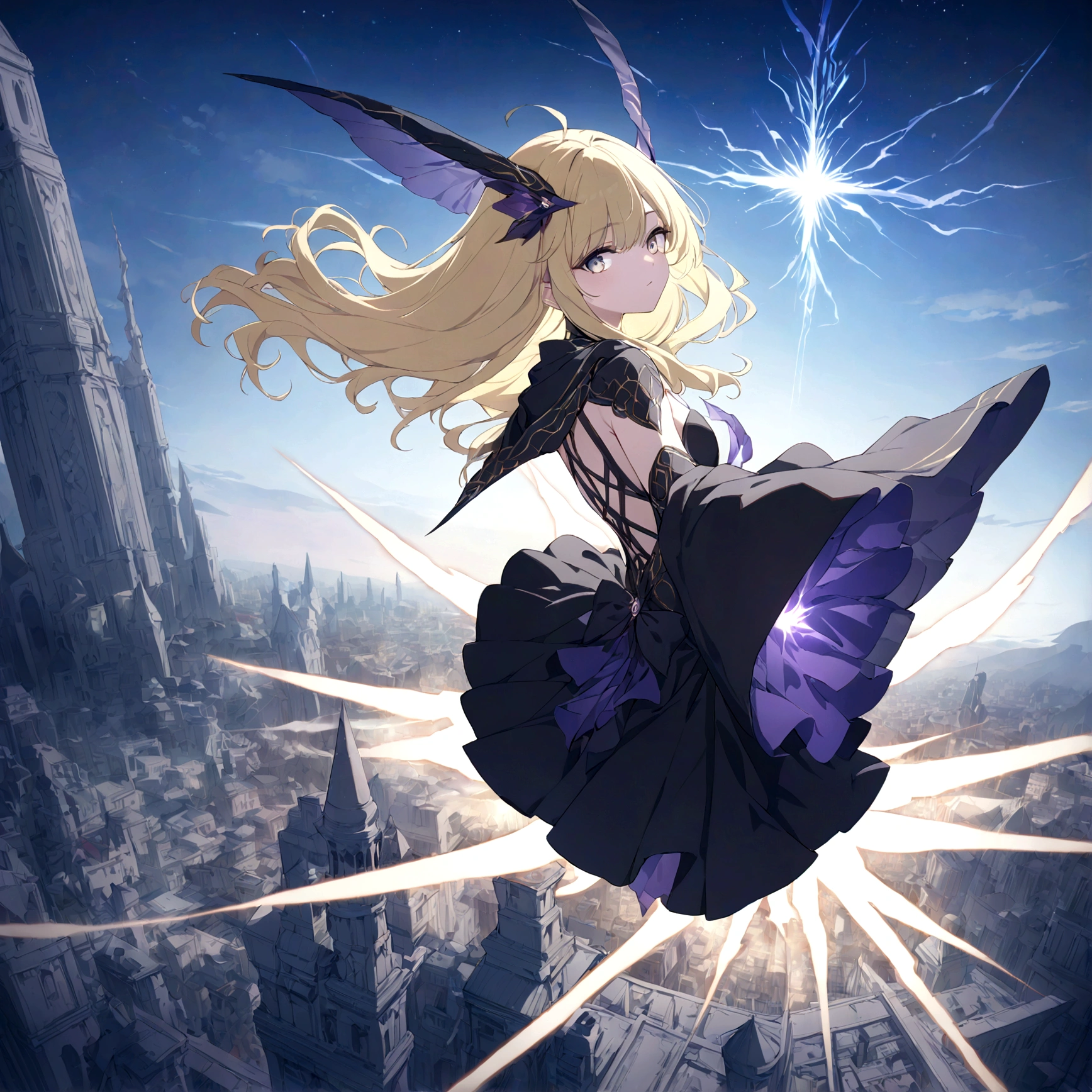 (masterpiece, 32k, 8k, maximum graphics, detailed image, vivid and detailed eyes) sorceress, 19 years old, beautiful face, scenery floating over a city, blonde hair illuminated by the sky, gray and shining eyes, (powerful aura manifesting over the universe)