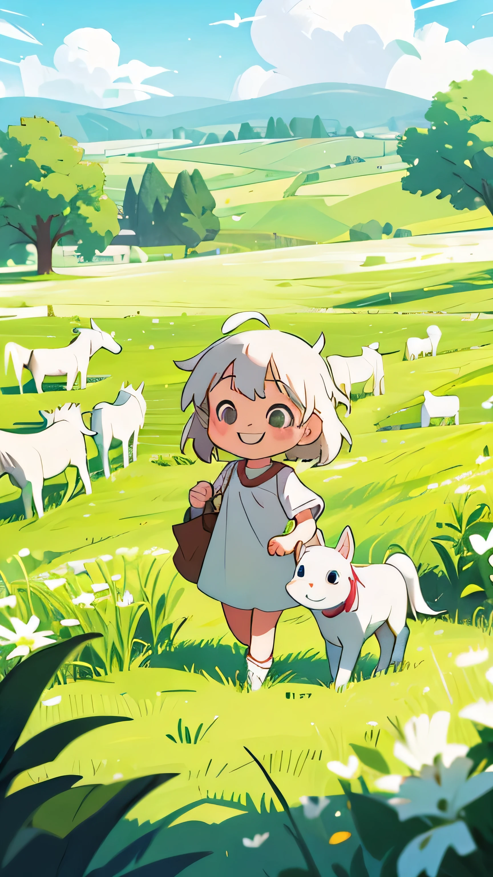 little smiling girl walking with white horse on summer field