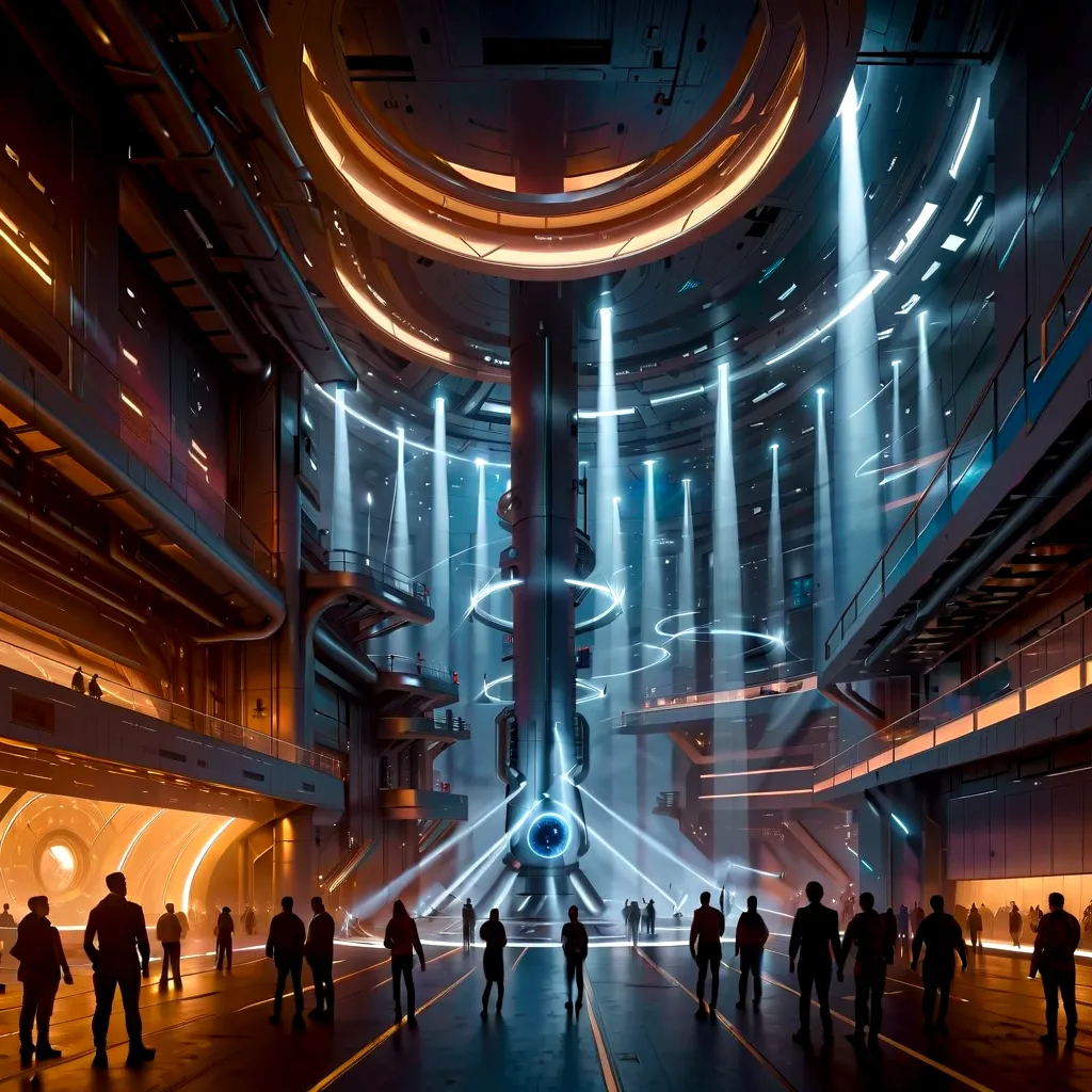 there are many people standing in a large space with a blue light, high quality digital concept art, mystical sci-fi concept art...