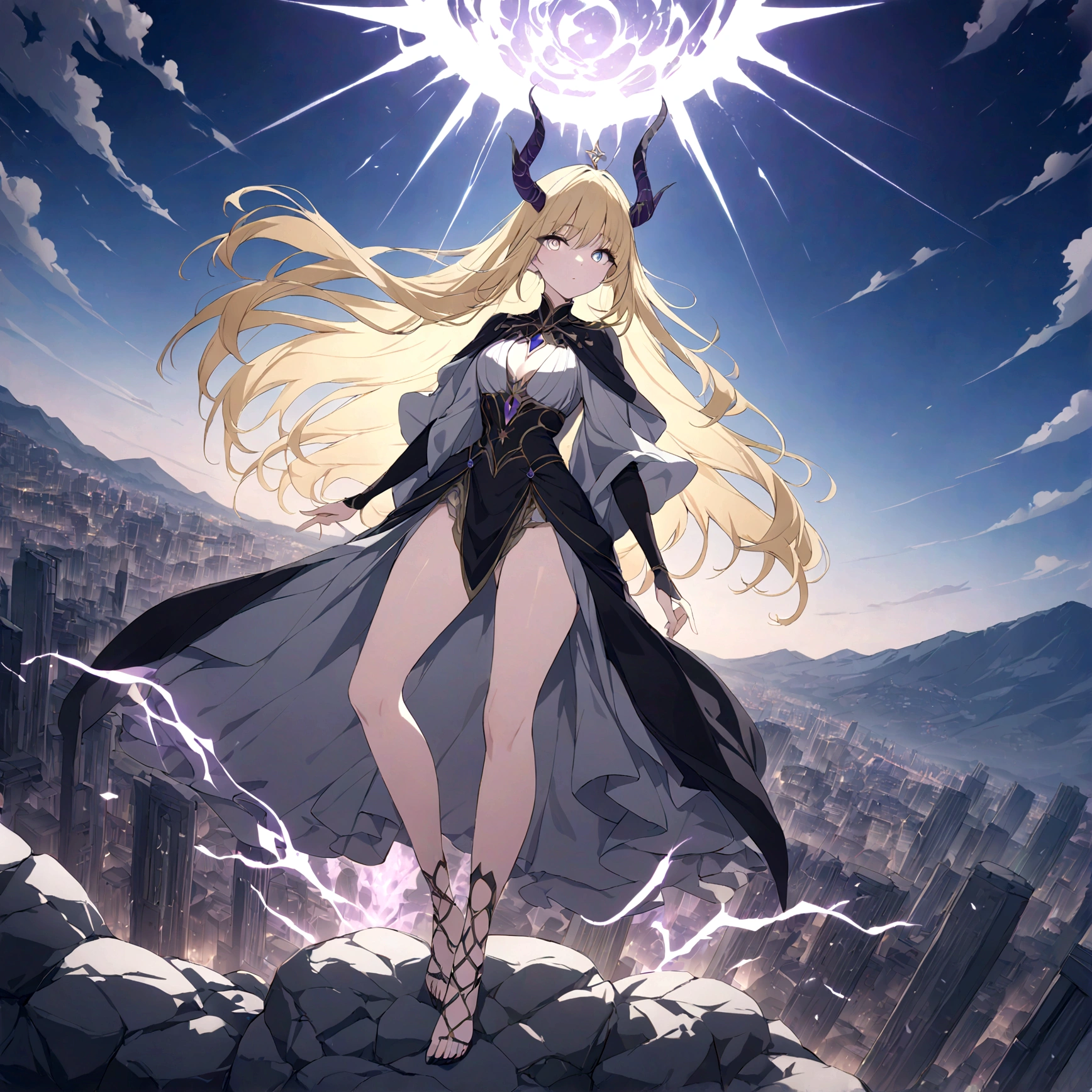 (masterpiece, 32k, 8k, maximum graphics, detailed image, vivid and detailed eyes) sorceress, 19 years old, beautiful face, scenery floating over a city, blonde hair illuminated by the sky, gray and shining eyes, (exuding very powerful aura )