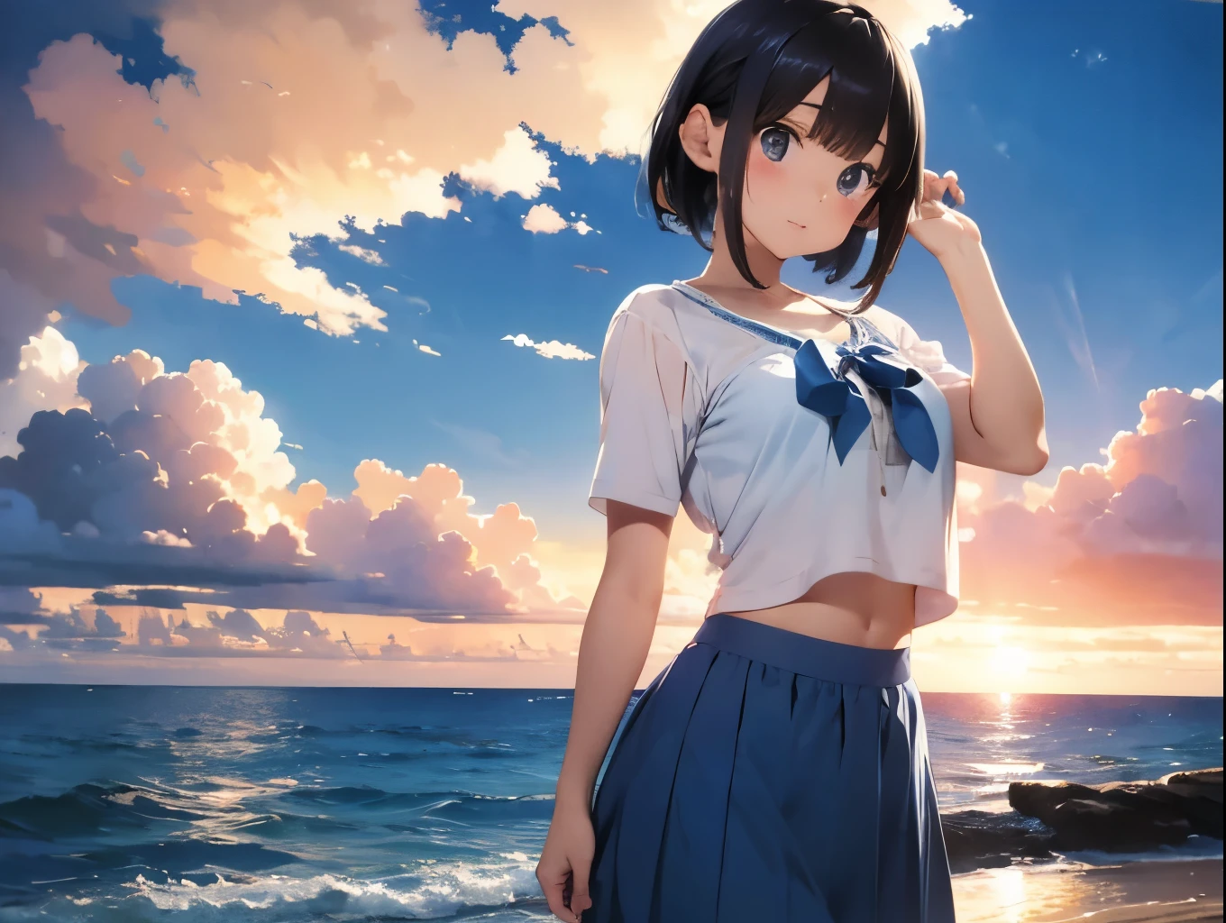 Big breasts sticking to a white Y-shirt、No bra、A super short thin blue skirt that shows off her cute white underwear、Cute white underwear visible as she holds up her skirt with both hands、barefoot、Standing posture、Sandy beach, sea, cumulonimbus clouds and sunset