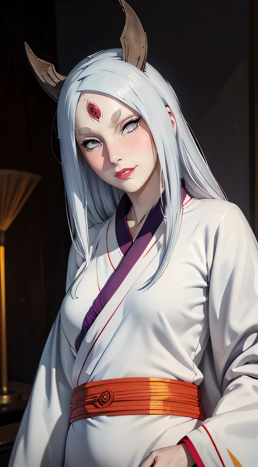 (best quality:1.3), (4k quality),(sharp image), Kaguya, ((Detailed face)), ((masterpiece face)),((perfect detailed eyes)) (blush), Kaguya, white hair, ( very long white hair ), white eyes, red lips, red lips, sly face, face with stern features, ((detailed face)), perfect face, highly detailed eyes, ((adult face)), masterpiece, absurdres , (intricate details), (colorful),cinematic lighting, extremely detailed CG unity 8k wallpaper , 1girl, solo, mature female, fit body, cameltoe, horns, ((dressed in white kimono)), evil smile, bedroom, ((perfect small breast)), fit slim body, standing