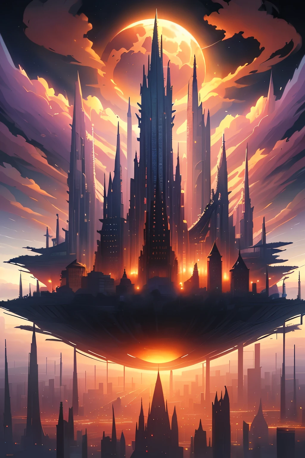 ((шедевр)), Лучшее качество, (8К, Лучшее качество, шедевр:1.2), ультрадетализированный, иллюстрация, большой город фантазий, научная фантастика, эфирный город, Плавающий город, много планет в небе, облака вокруг, небесная архитектура, фиолетовая энергия оставляет рубцы вокруг, Гигантский замок в центре, астральное небо
