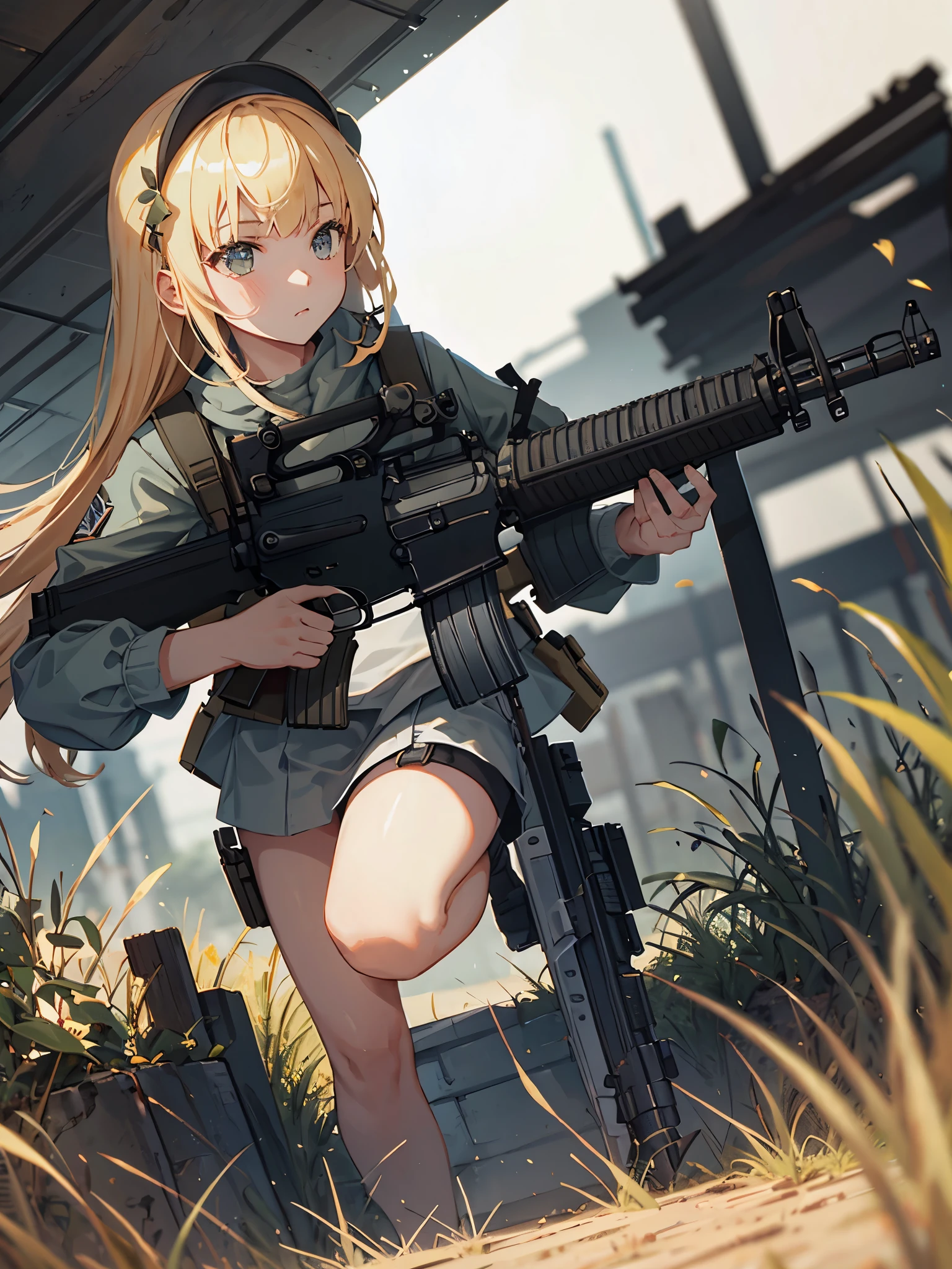 masterpiece, best quality, solo focus, 1girl, (holding an ar-15)