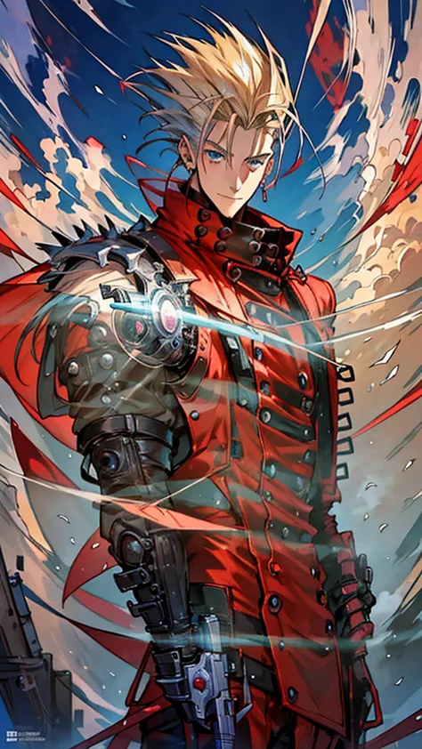 Trigun-Inspired Fantasy Anime: A towering adventurer, characterized by spiky platinum blonde hair and bright, piercing blue eyes...