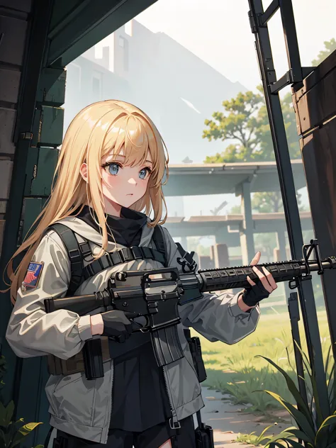 masterpiece, best quality, solo focus, 1girl, (holding an ar-15)