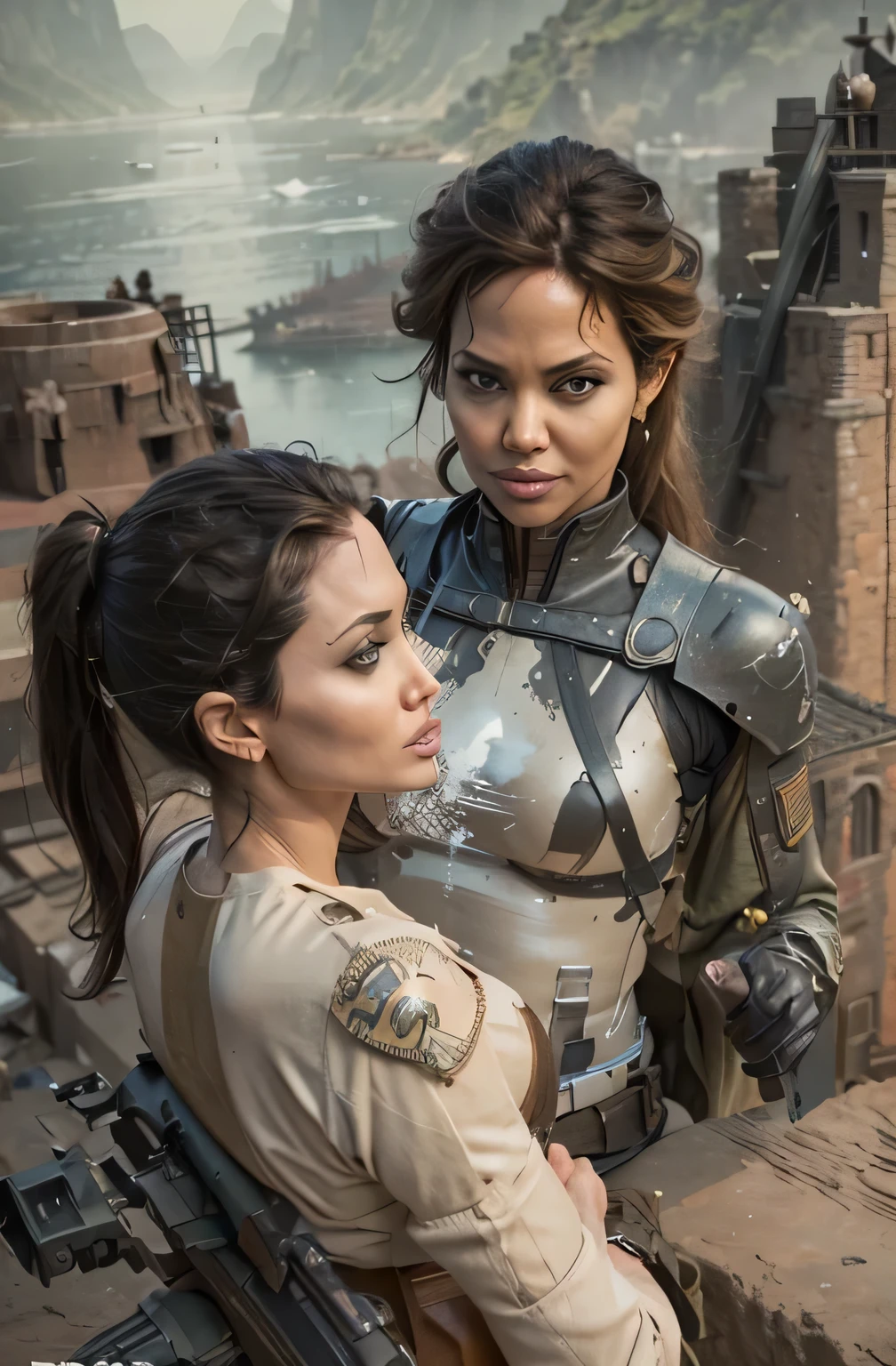 ((Angelina Jolie and Halle Berry  holding a riffle)), cybernetic uniform, detailed eyes,with equipment,( equipment: can grant a skilled user tremendous mobility, it is a demanding art that requires strength, and skill, both of which must be honed through constant practice. Some tools involved in the apparatus include: Hand grips and Piston-shot), ( backgroud: medival town, 5+soldiers with equipment ), by Hayao Miyazaki or Chesley Bonestell,