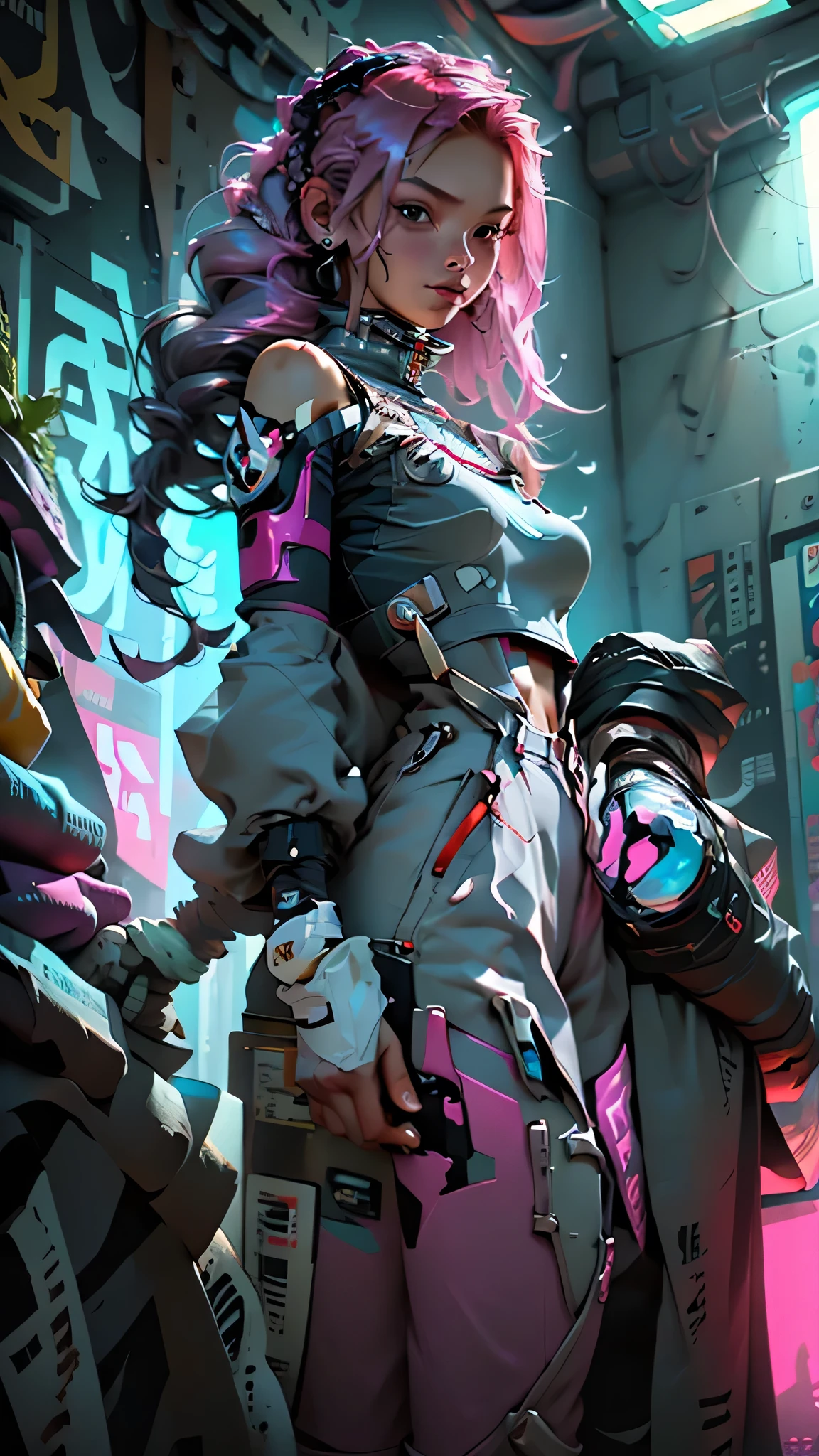 ((Picture in cyber punk style, create two characters), (futuristic , space station, space)))_((In the center of the composition there are two characters, close-up, a boy and a girl - full growth), (a girl in a stylish overalls, a slender figure, dynamic pose), (her clothes look very stylish, futuristic, a lot of details, latex material, textured fabric elements, colors, pink, blue, white), (her image embodies beauty and sympathy, her face radiates happiness, expressive eyes, smile), (her hairstyle, two long braids, hair dyed blue, pink - neon highlights))_((Her partner, a futuristic boy from the future, is dressed in all black, his preference in clothing, dark gothic style, combined with space jumpsuit, sporty stylish), (shoulder-length hair, handsome, black eyes, slender, young, strong body))_((Background, space station, space, technological elements, shine of stars))_((High image quality, stylish picture in cyber punk style, futuristic future, masterpiece), (animation cinematography, stylized realism, Japanese anime, blade runner, apple seed, animatrix), (FULL HD, 18K).