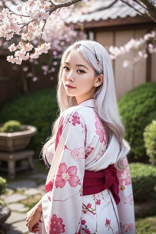 CG, unity, 8k, wallpaper, highest quality, masterpiece, lovely woman wearing a kimono, 1, long white hair, white skin, looking at the garden, (sad expression: 1.1), best lighting, complex pupils, complex textile, detailed background, in a traditional Japanese room, (A traditional Japanese garden can be seen in the background), There is a magnificent cherry tree in the garden, Cherry blossom petals are dancing, Fantastic, fleeting atmosphere, focus on background, view from behind