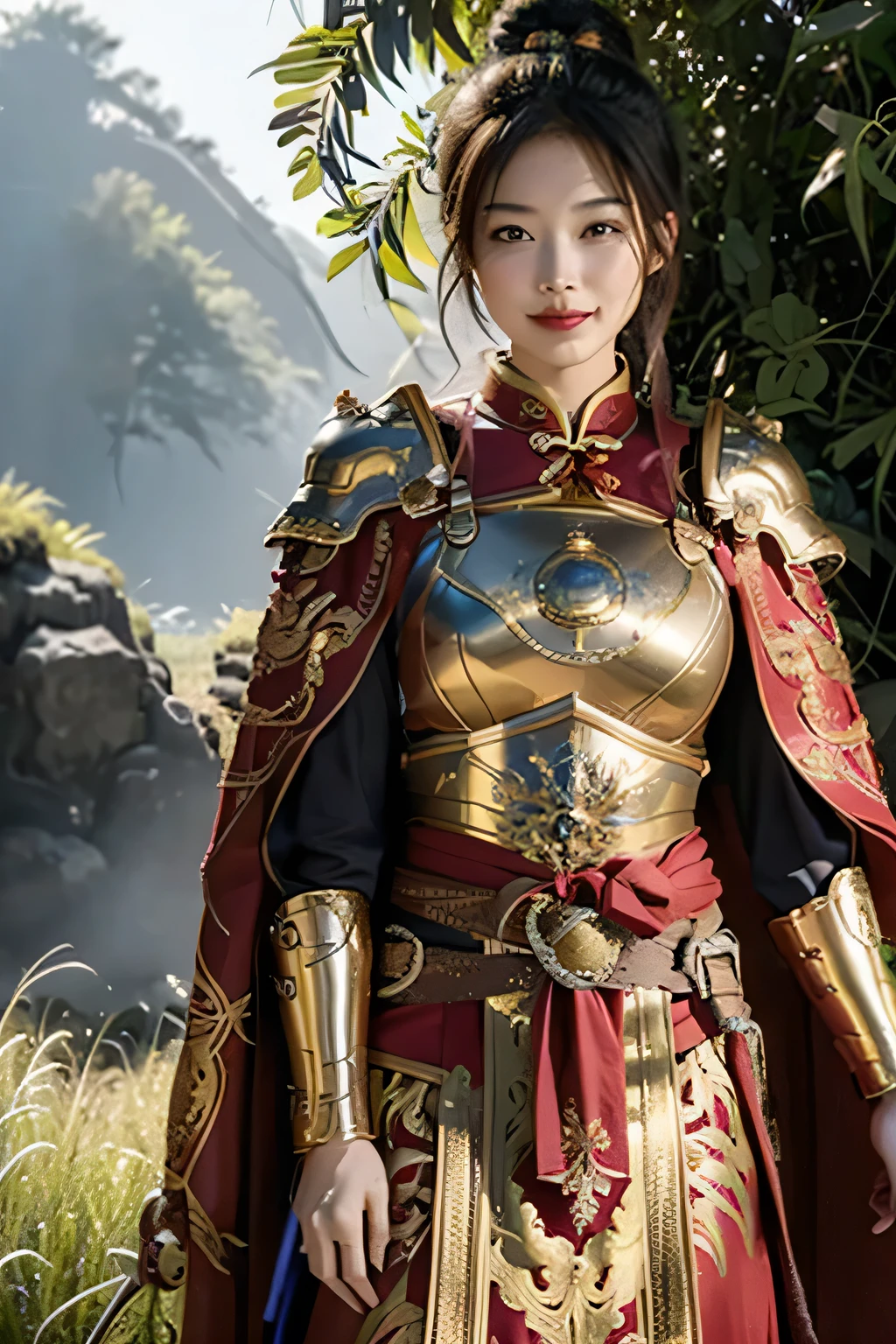 Chinese girl warrior，8K，HD quality，Finely engraved picture section，Detail the eyes，Crimson cape， metal pauldron，Metal armor，Breasts are full and erect，Gold hairband，majestic，Smile（open mouth）（The corners of the mouth are raised），（Hair in a bun：1.5），（Hair bun raised high），Forest grass background（grassland background）