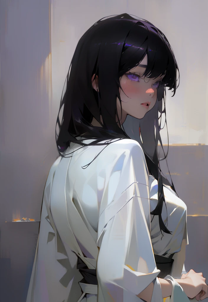 ((masterpiece)), (best quality), (absurdres), (photorealistic:1.4), black hair, yamamura_sadako, white dress, (fair skin), bangs, purple eyes, beautiful 