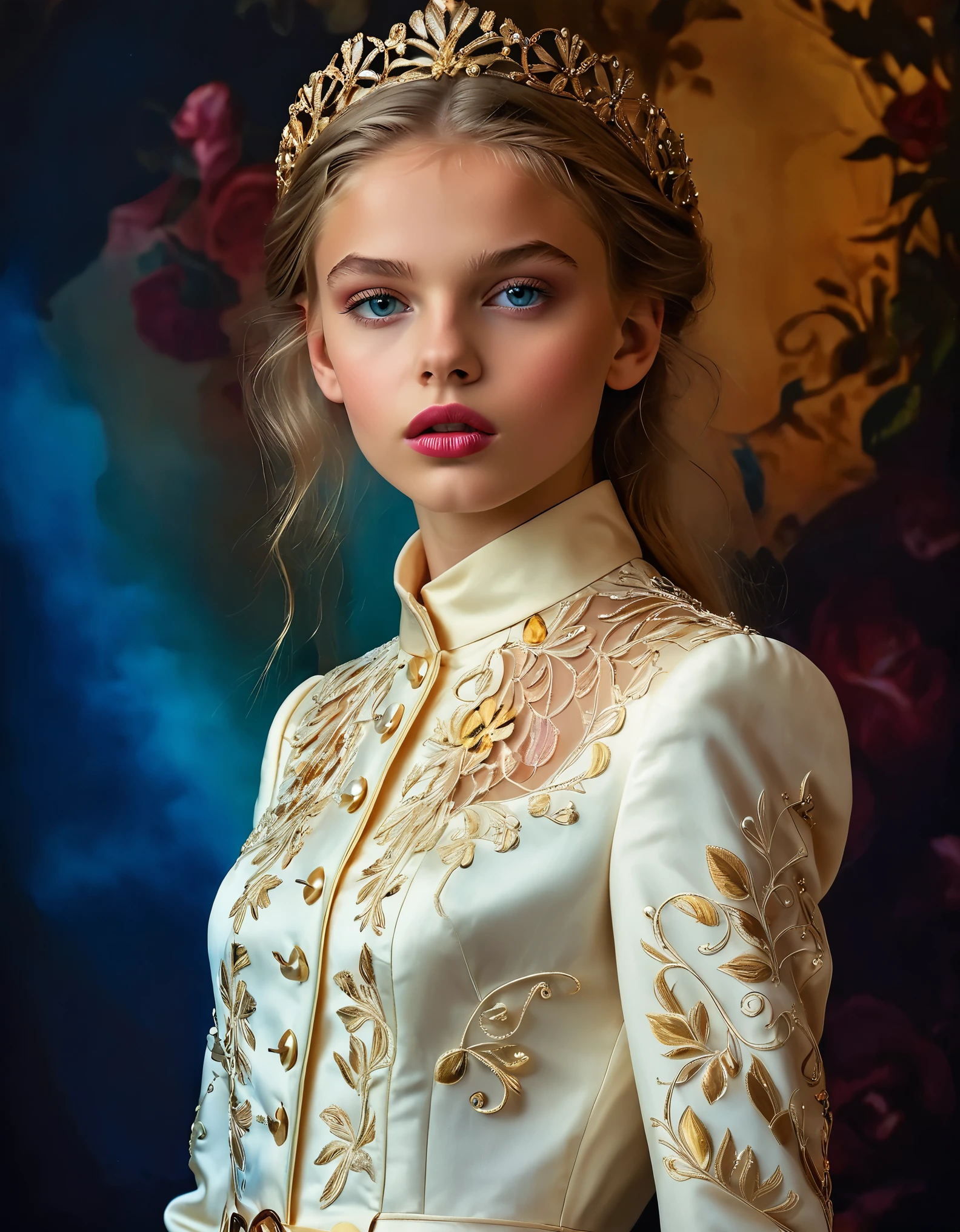 A stunningly lifelike portrait captures a 16-year-old fashion model girl with beautiful European features. She is adorned in a high-end fashion outfit, set against a dramatic background. The image, exudes cinematic colors and a photographic style. Every detail of her appearance is meticulously executed, showcasing her elegance and allure. The overall composition is a true masterpiece, elevating the beauty and sophistication of the nudity.
