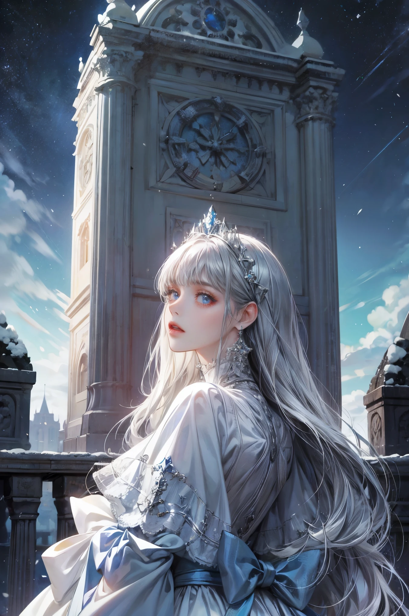 Silver hair woman, looking at the viewer, blue eyes like the sky, castillo, snow, snowing, cae snow, white dress with long sleeves, jewelry, Alone woman, solitary 