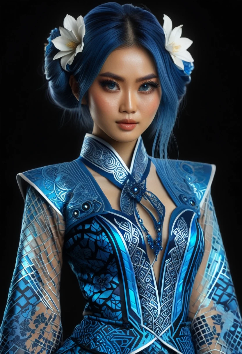 (high quality), (masterpiece), (detailed), 8K, Hyper-realistic digital illustration depicts the (upper body1.3) of a (Japanese woman1.3) with (vibrant blue hair1.5) and (intense blue eyes1.5) wearing a (futuristic kebaya1.2) with (intricate batik patterns1.2) inspired by Indonesian culture. Her (fantasy outfit1.2) is adorned with (glowing accents1.2) and (neon lights1.2), reflecting the modern and futuristic atmosphere. In style of Ash Thorp, trending on DeviantArt.