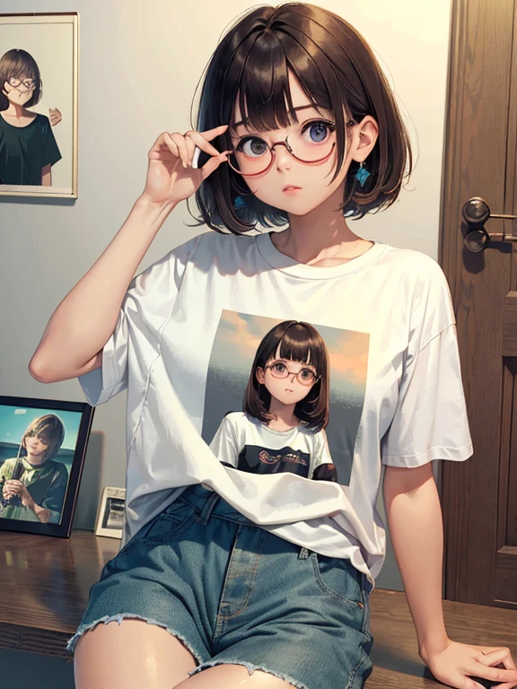 (masterpiece, highest quality, Ultra-large resolution); (CG illustration); (Cute girl)，Very short，Flat Chest，Little:1.4，Blunt bangs，(sleepiness) (fatigue)，((Round frame wire glasses)), (Fashionable) (trend); Rich colors, Oversized printed T-shirt，Open Fly，Fashion Typography, Magazine cover poster, Super detailed, art, badge, graphic design, Detailed Post-Processing, Depth of written boundary, High brightness, High chroma，Bruises and gestures，