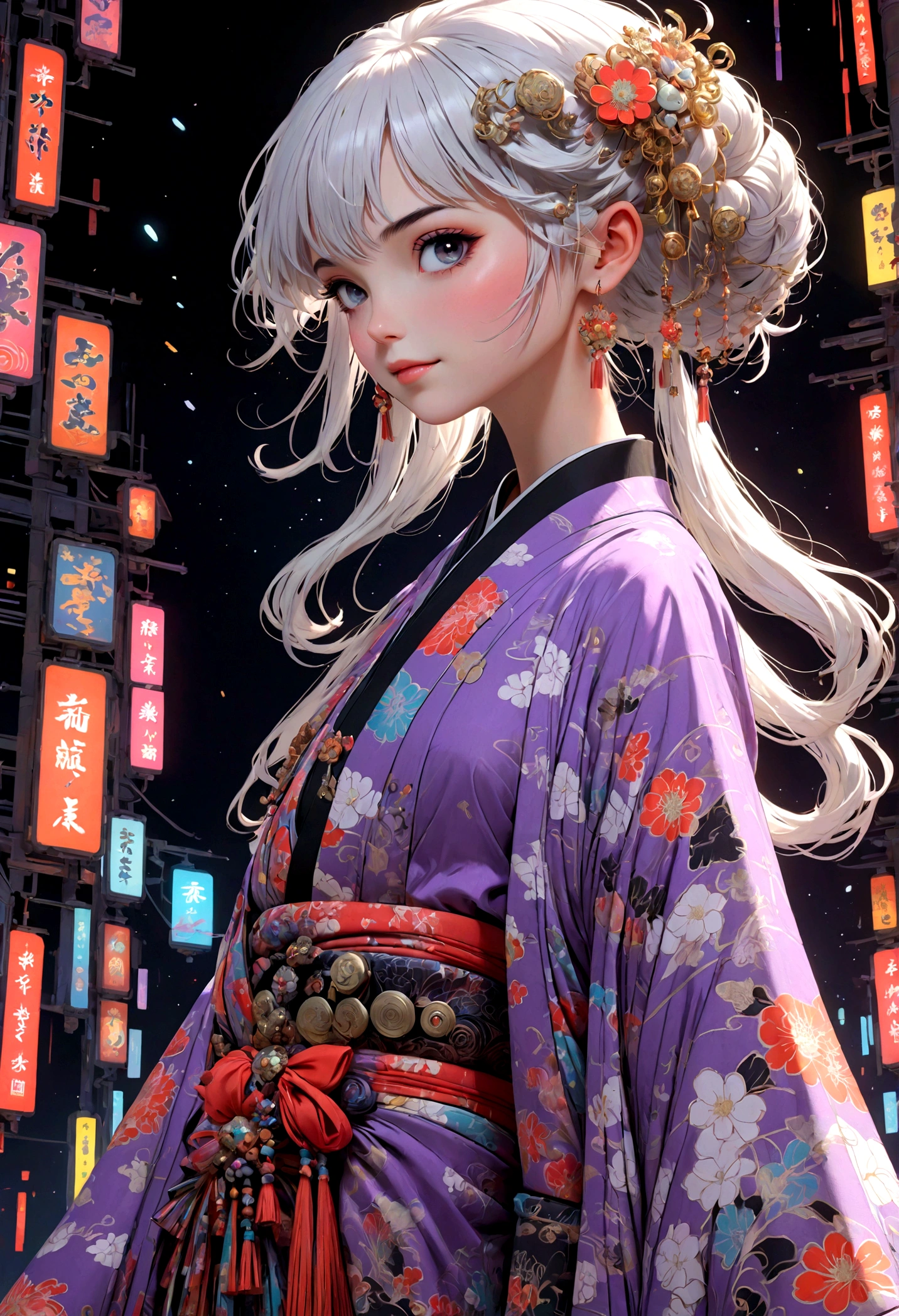 (Ultra-detailed face, looking away:1.3), (Fantasy Illustration with Gothic & Ukiyo-e & Comic Art), (The scene is viewed from below, looking up:1.2), (Full Body, A young-aged woman with white hair, blunt bangs, Very long disheveled hair, lavender eyes), (She walks down the runway in a daring pose, smiling and wearing an avant-garde, futuristic neon-colored Japanese kimono), (In the background, her figure from various angles is projected on a screen by projection mapping. The fashion show venue is filled with lights of various colors flitting about)