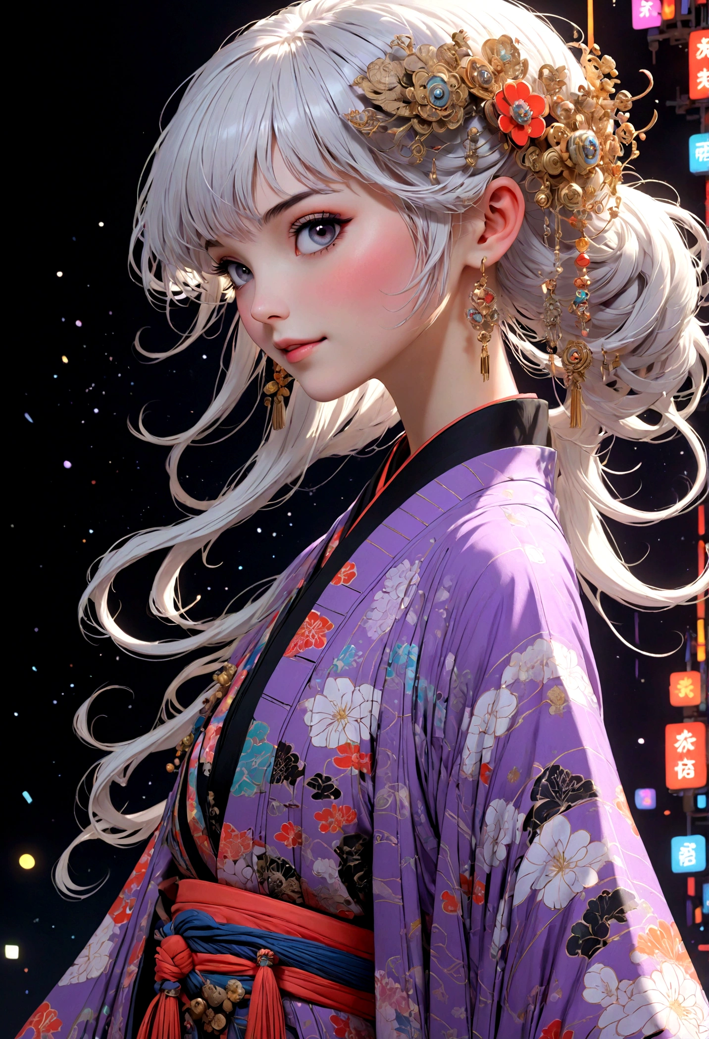 (Rosto ultra detalhado, desviando o olhar:1.3), (Ilustração de fantasia com gótico & ukiyo-e & Arte em quadrinhos), (A cena é vista de baixo, olhando pra cima:1.2), (corpo todo, Uma mulher jovem com cabelos brancos, franja romba, cabelo muito longo e desgrenhado, olhos lavanda), (Ela desce a passarela em uma pose ousada, sorrindo e vestindo uma roupa vanguardista, quimono japonês futurista em cor neon), (No fundo, sua figura de vários ângulos é projetada em uma tela por mapeamento de projeção. O local do desfile de moda está repleto de luzes de várias cores flutuando)